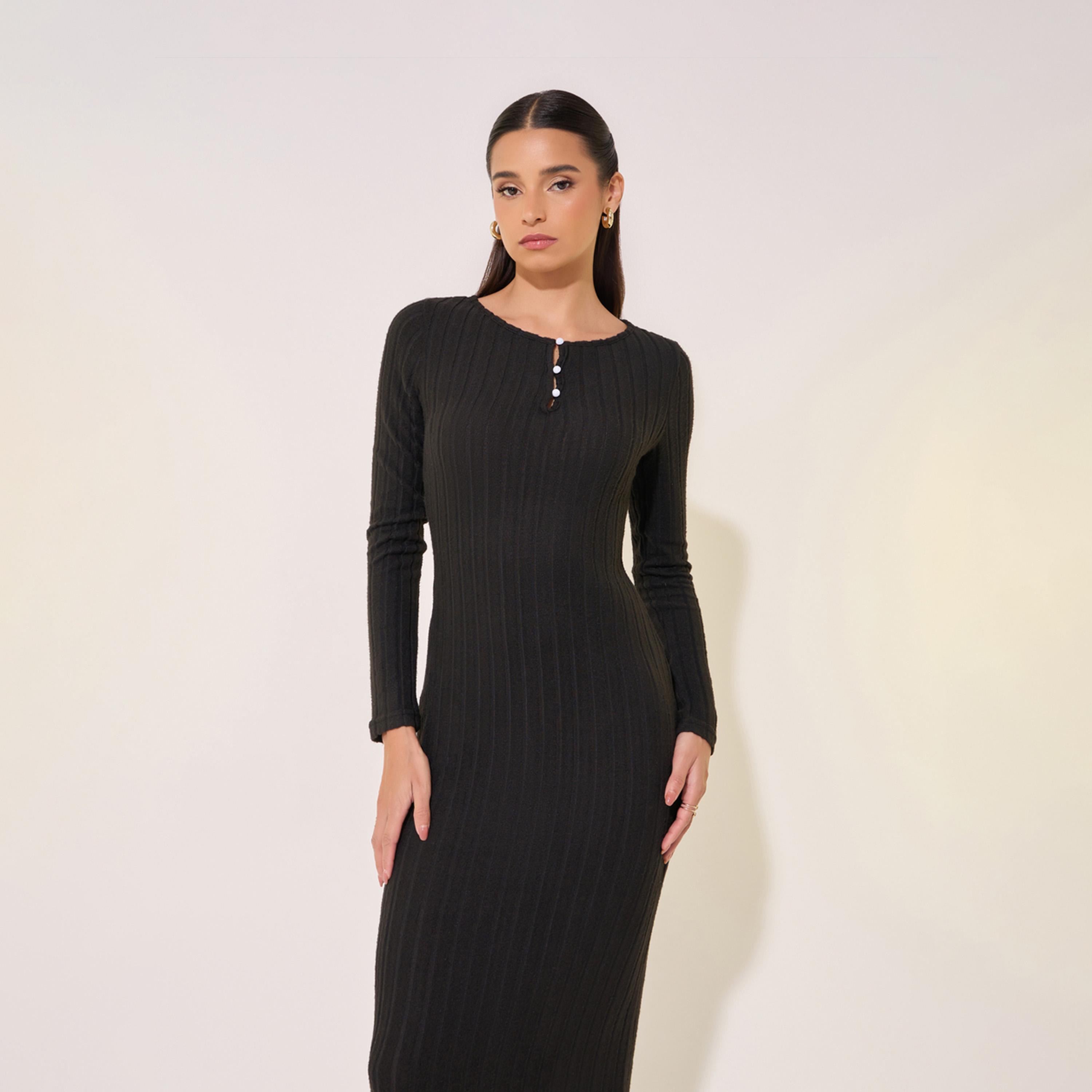 Take Two Rib Knit Button Detail Round Neck Midi Dress-women-clothing-dresses-image-3