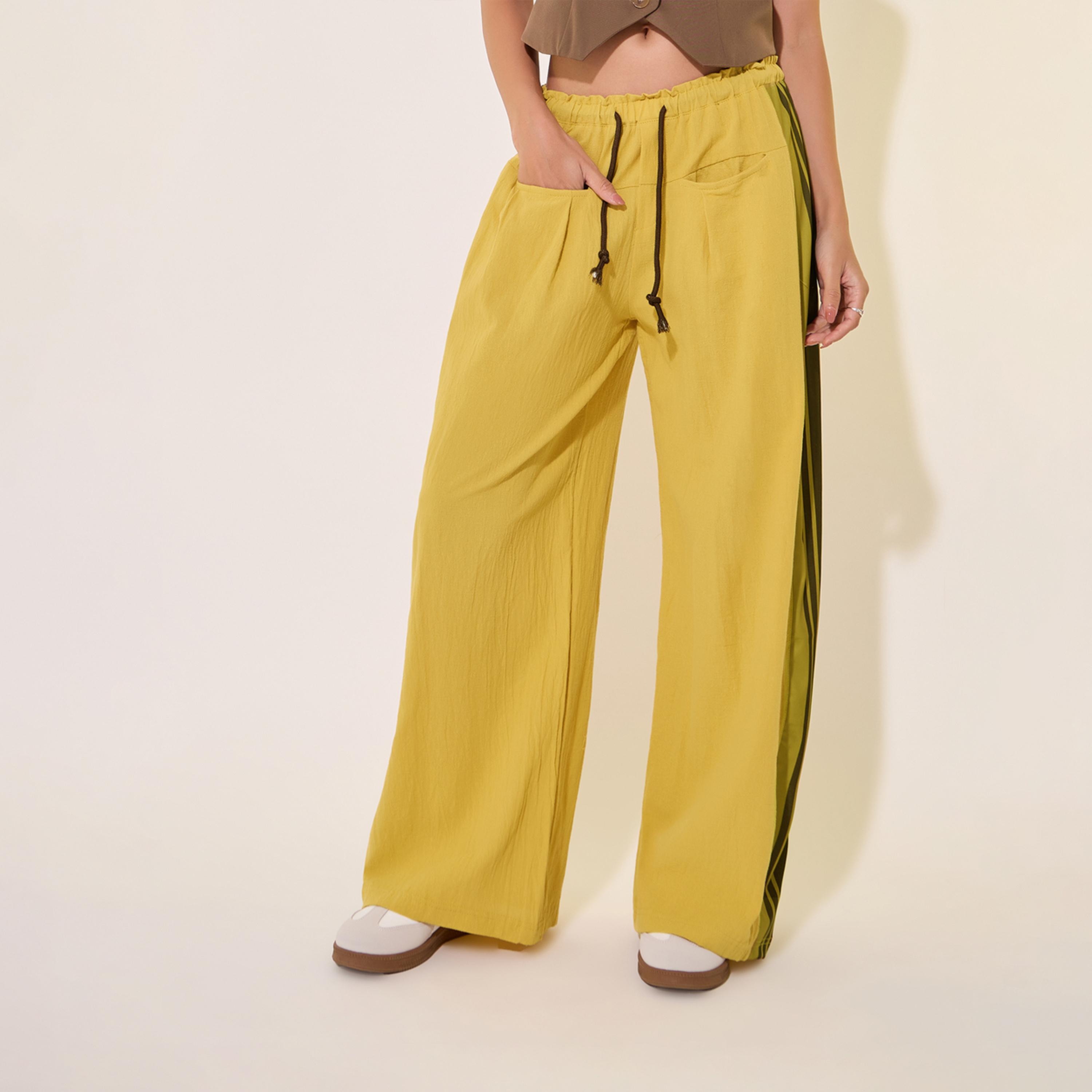 بنطال مخطط بخصر متوسط وقصة أرجل واسعة مع أربطة-women-clothing-bottoms-trousers-image-2