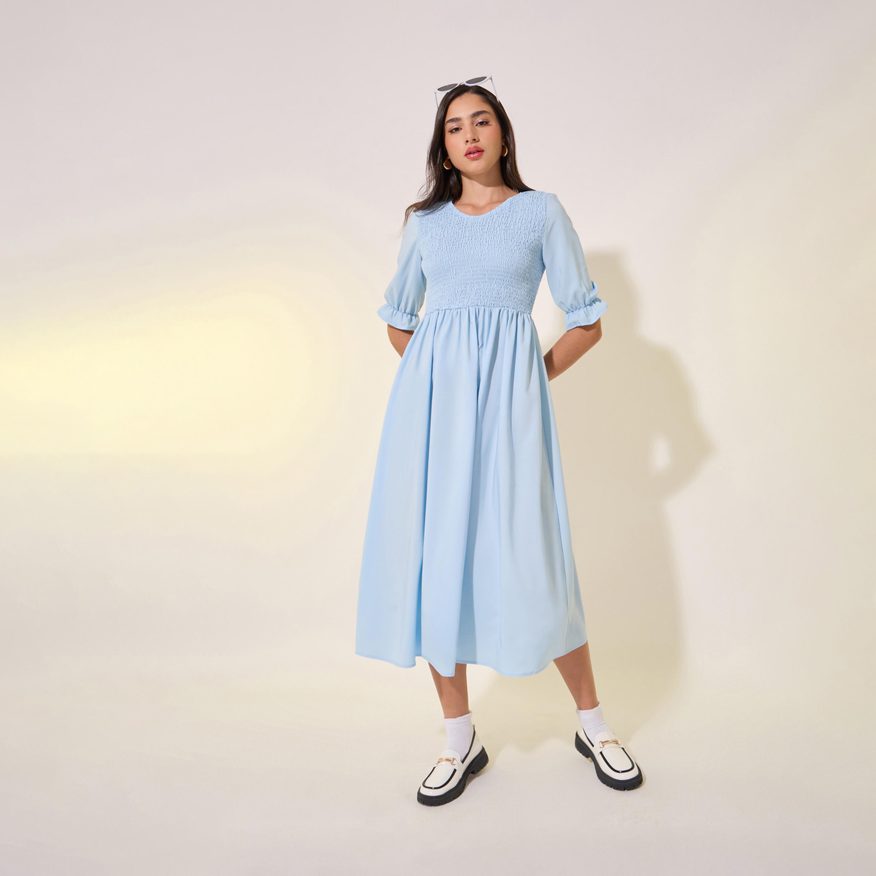 Take Two Smocking Detail Round Neck Midi Dress-women-clothing-dresses-image-1