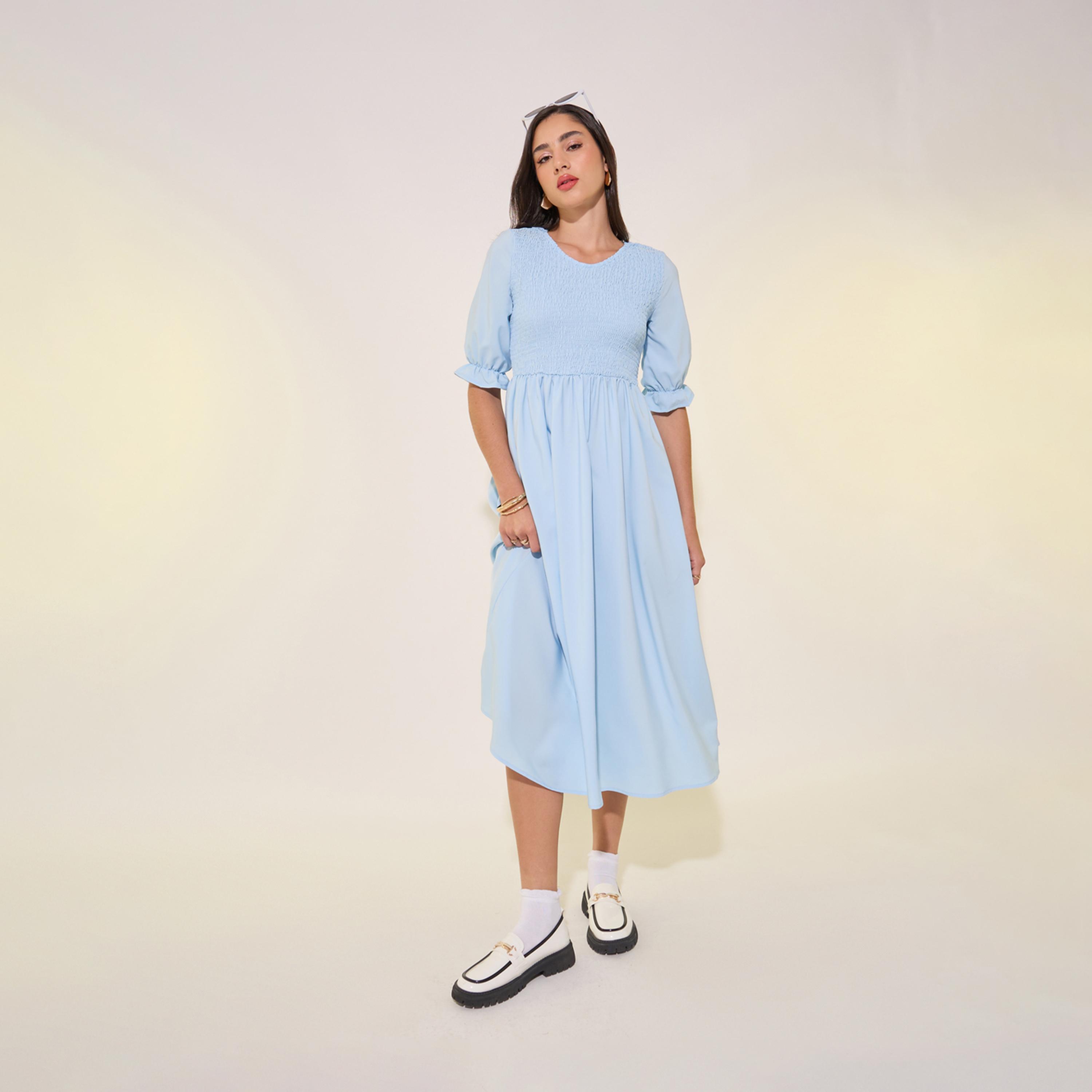 Take Two Smocking Detail Round Neck Midi Dress-women-clothing-dresses-image-2