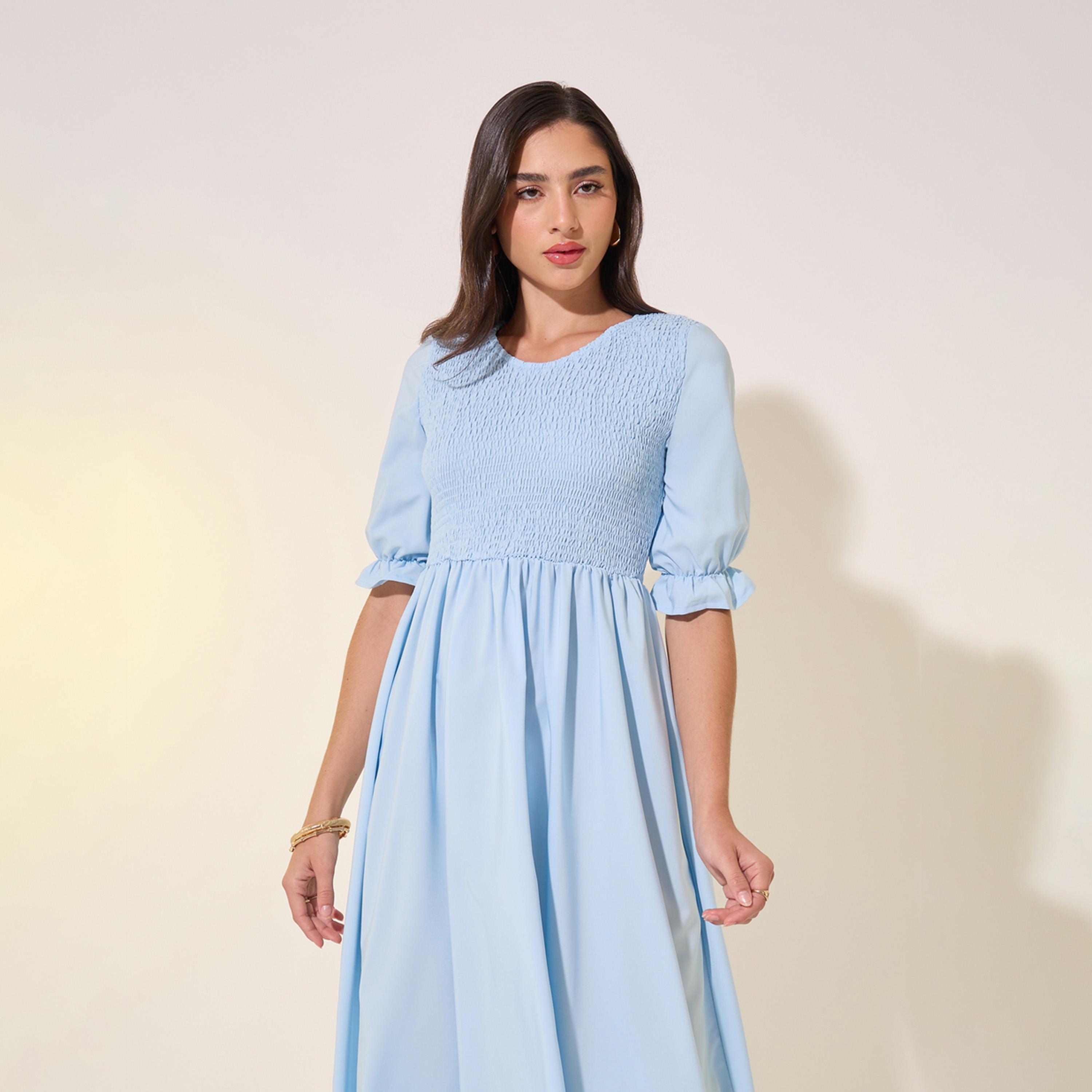 Take Two Smocking Detail Round Neck Midi Dress-women-clothing-dresses-image-3