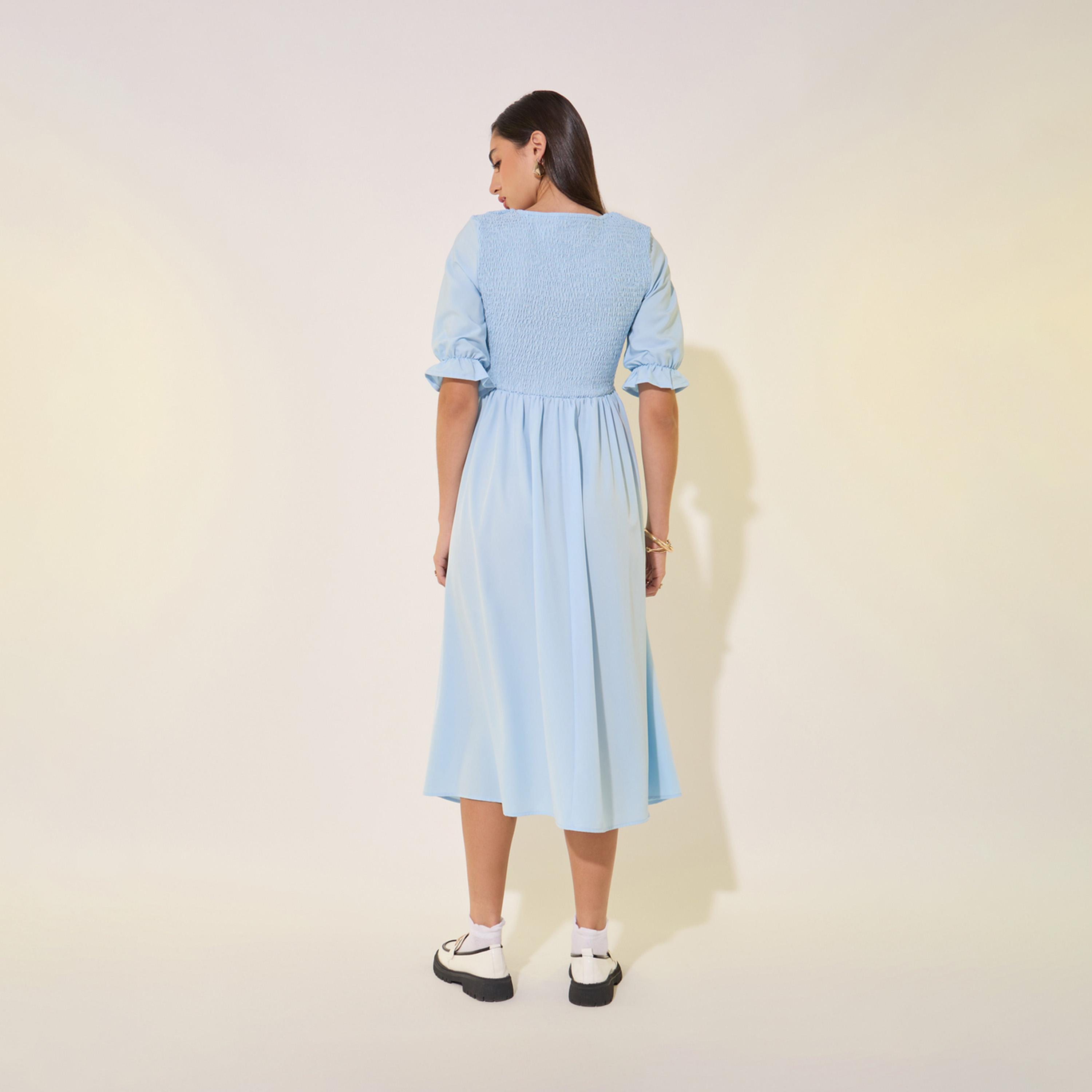 فستان ميدي بتفاصيل مُجمعة مع ياقة دائرية-women-clothing-dresses-image-5