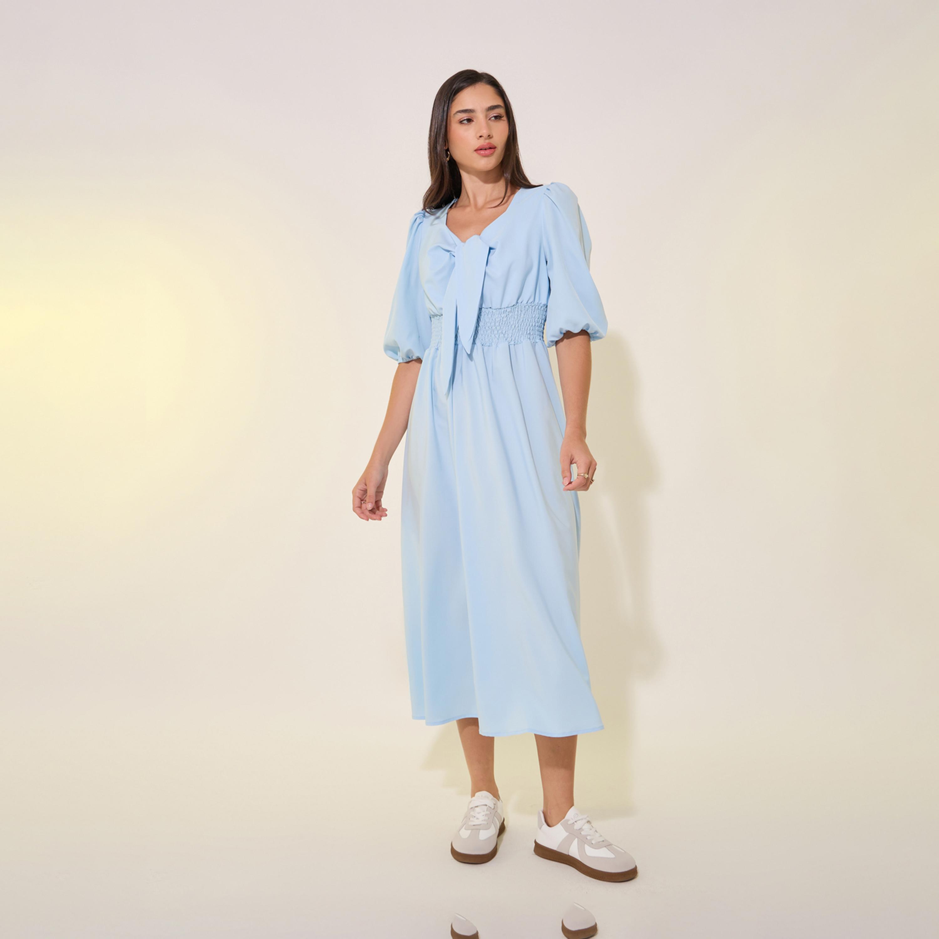 Take Two Solid Puff Sleeve Tie-Up Neck Midi Dress-women-clothing-dresses-image-2