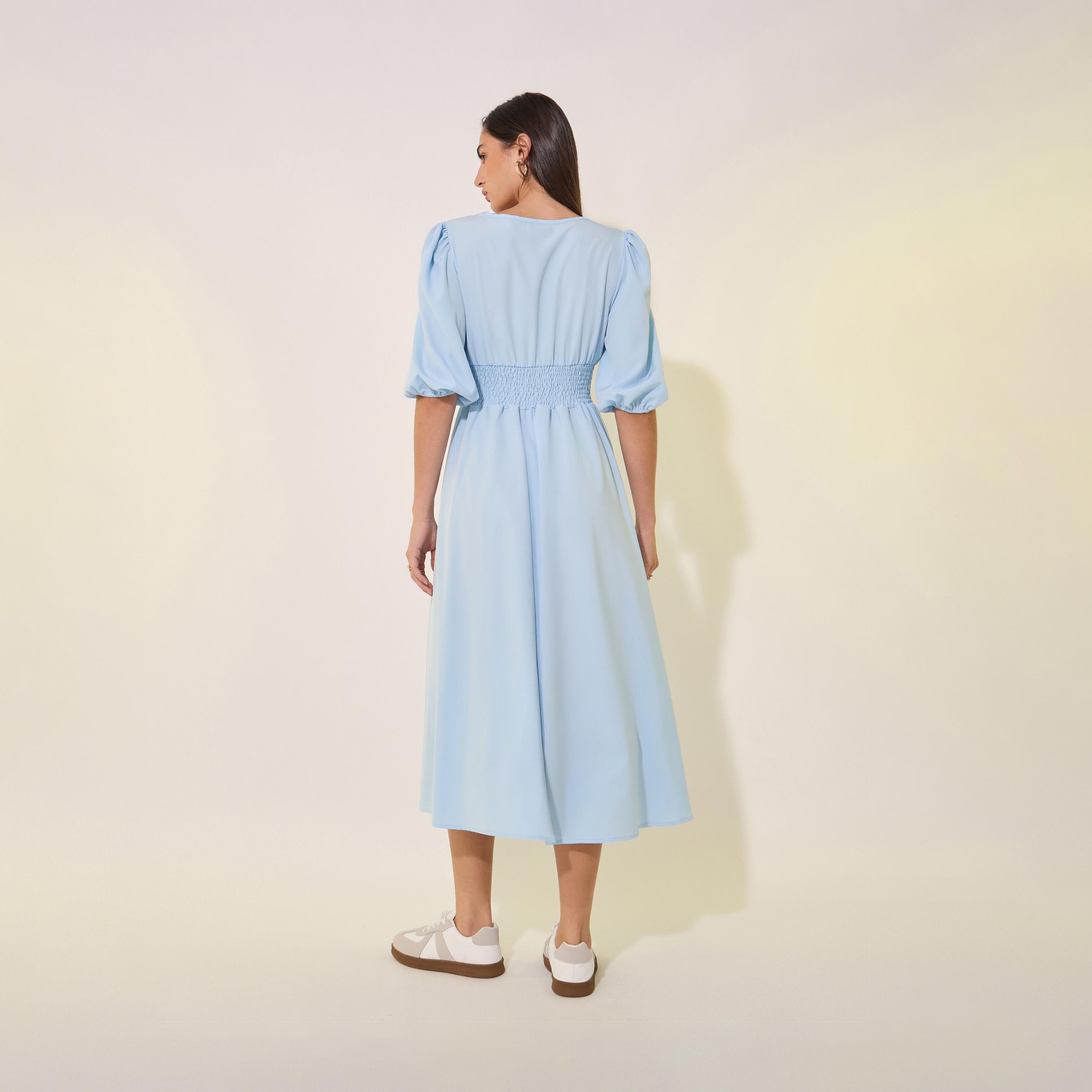 Take Two Solid Puff Sleeve Tie-Up Neck Midi Dress-women-clothing-dresses-image-5