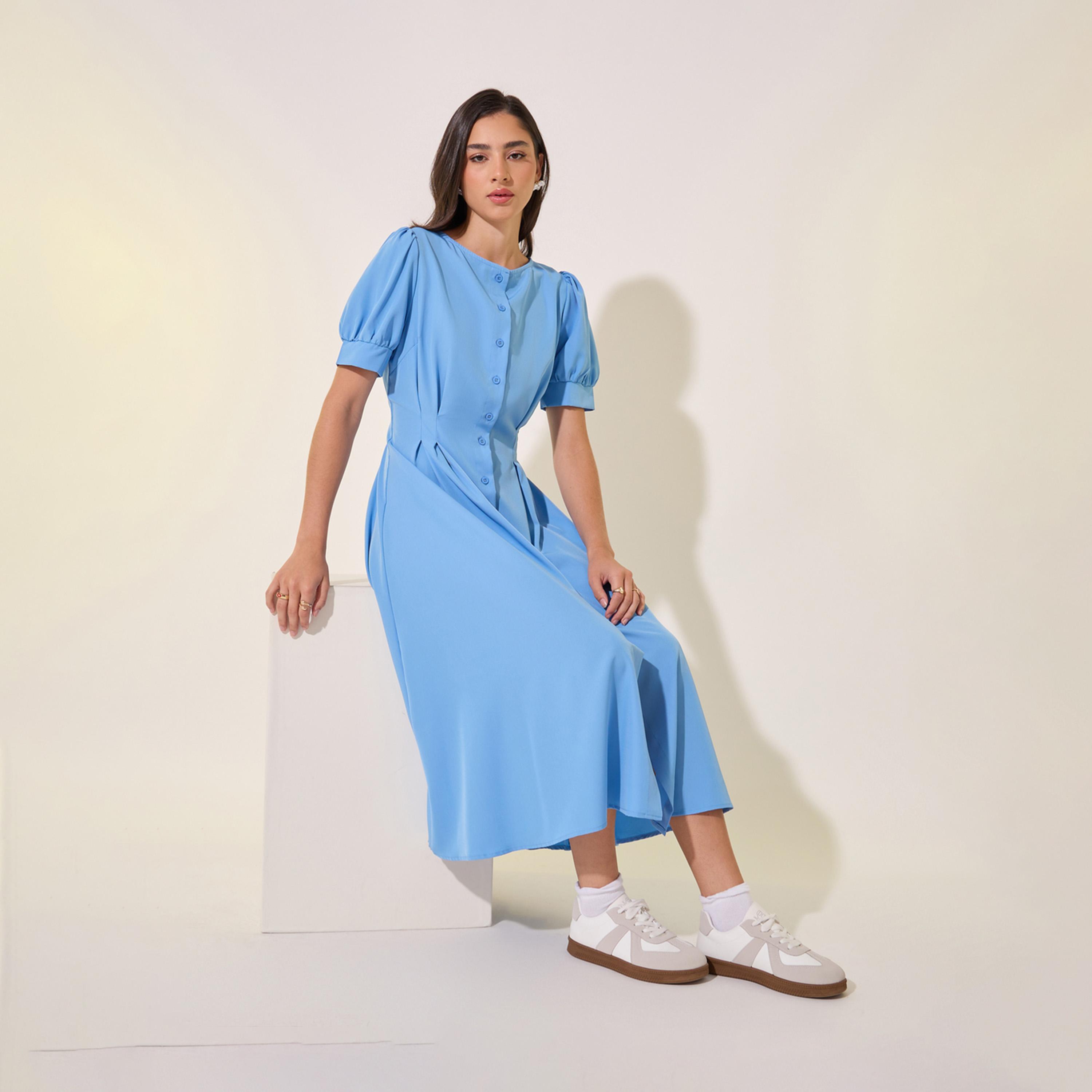 فستان ميدي سادة بأكمام منفوخة مع أزرار-women-clothing-dresses-image-1