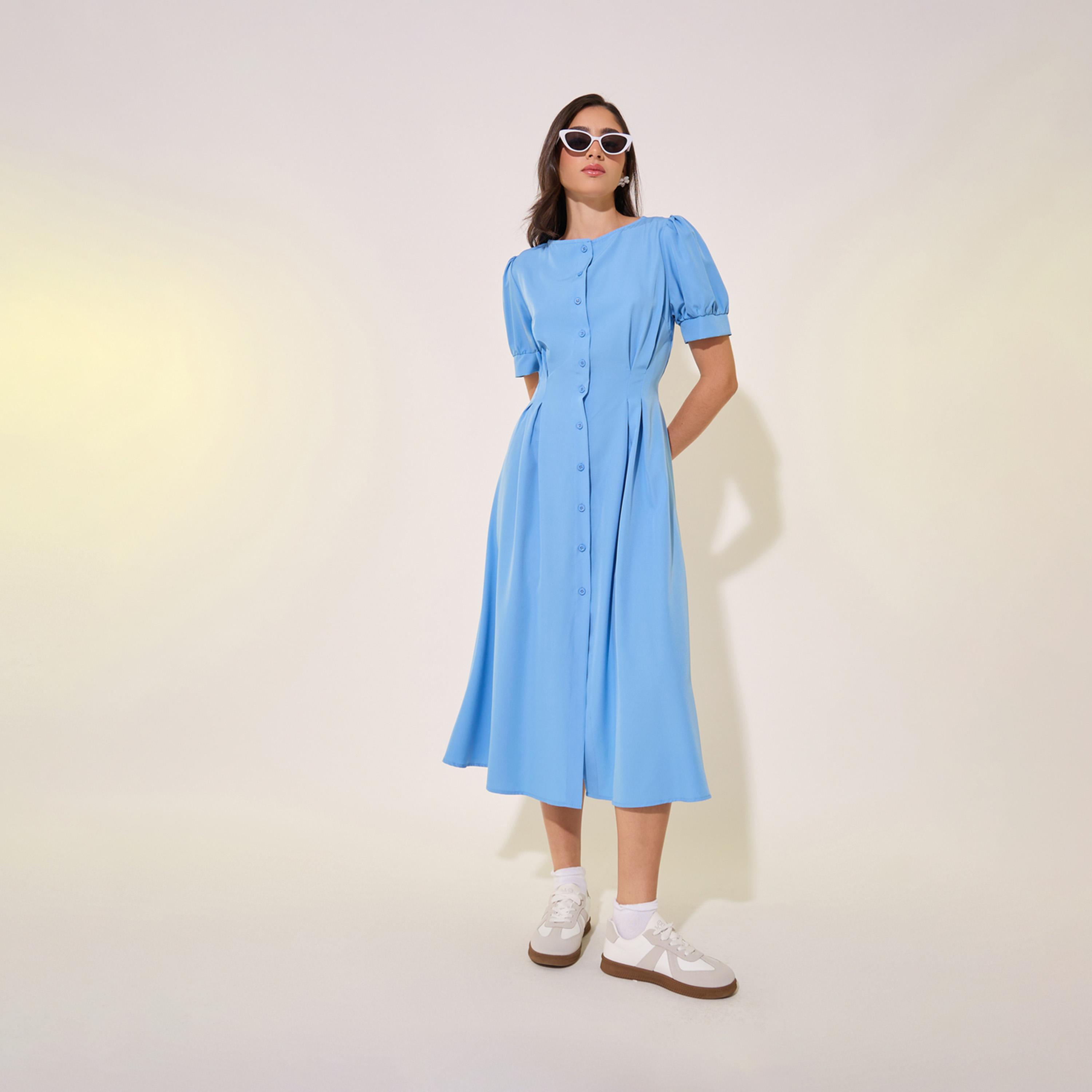 Take Two Solid Puff Sleeve Buttoned Midi Shirt Dress-women-clothing-dresses-image-2