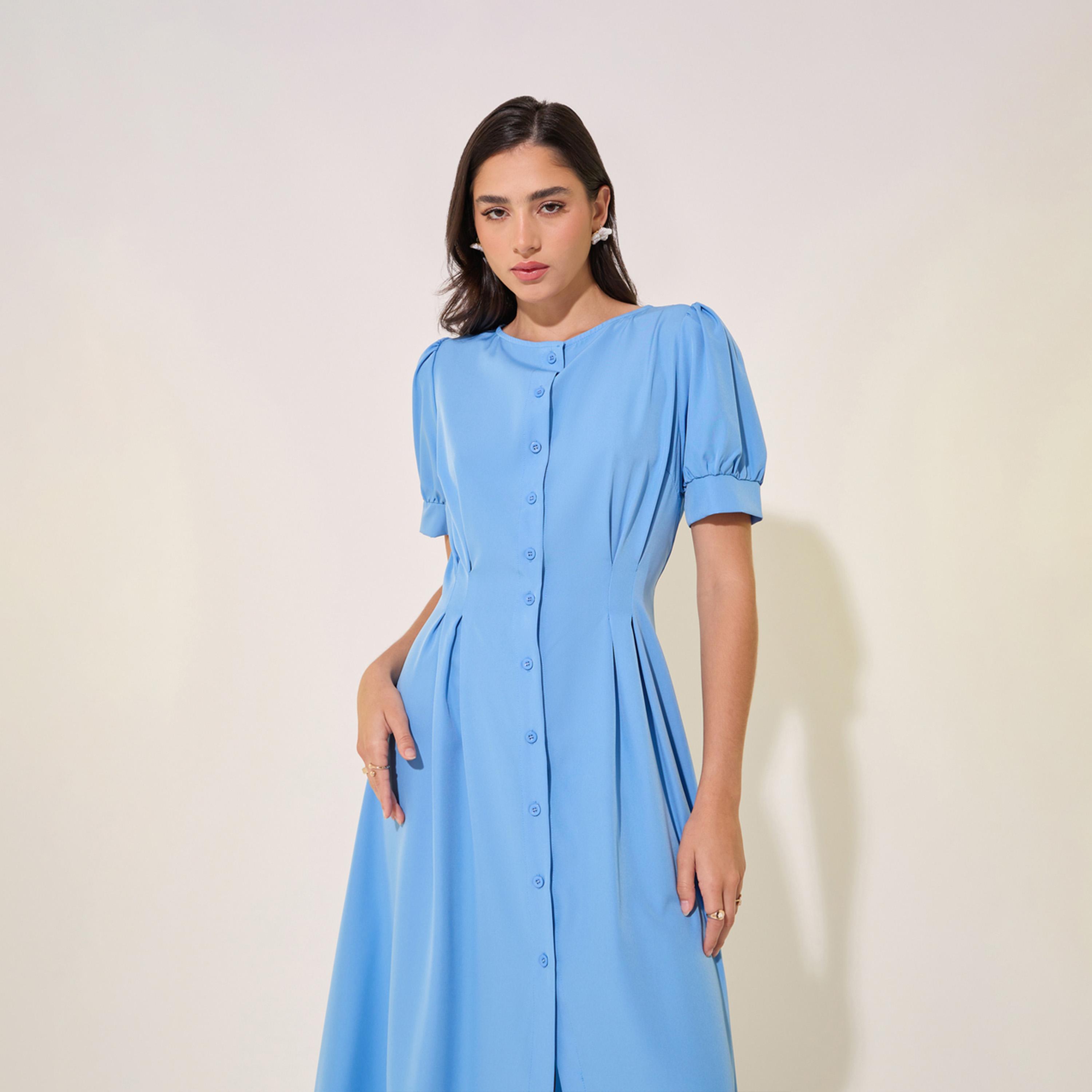 Take Two Solid Puff Sleeve Buttoned Midi Shirt Dress-women-clothing-dresses-image-3