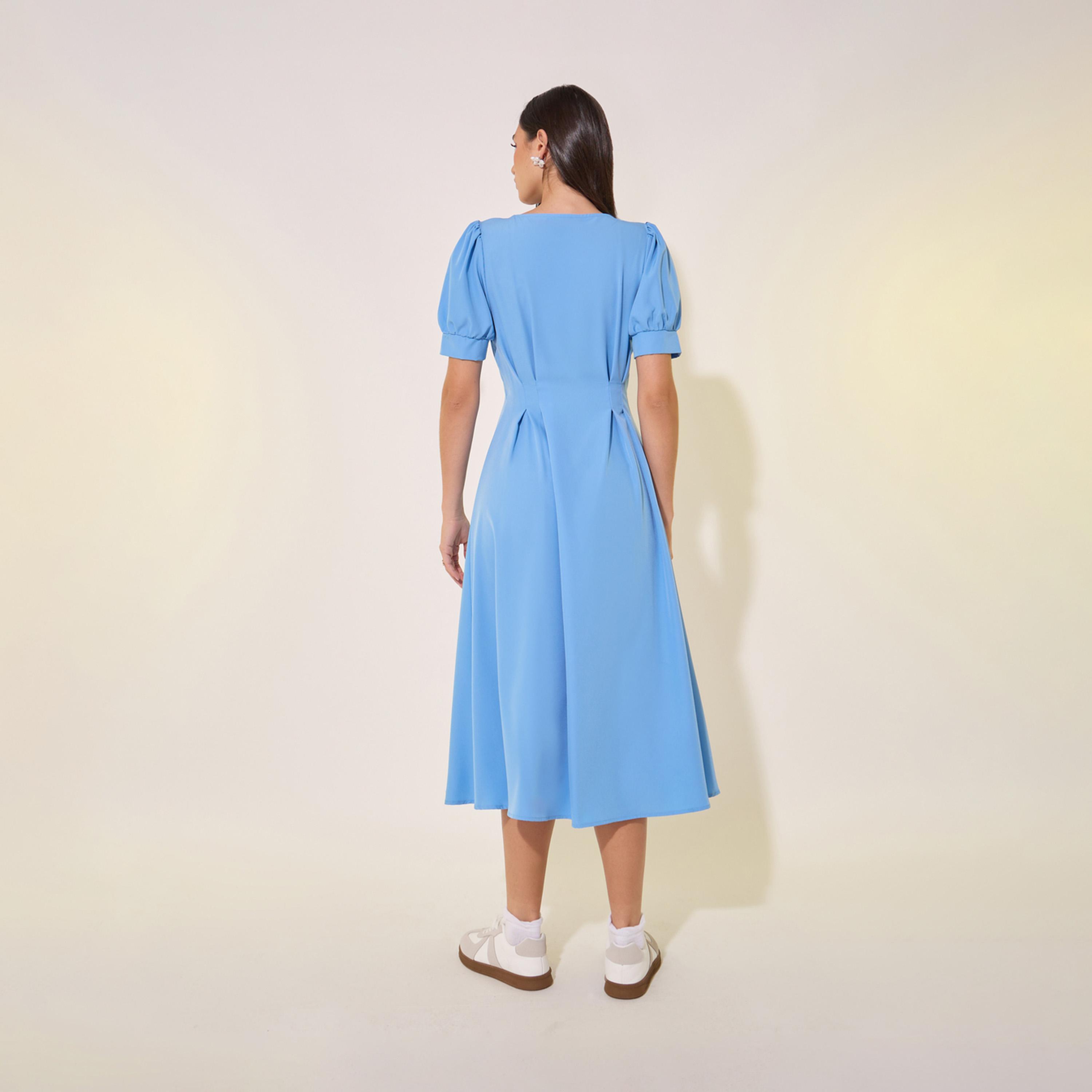 Take Two Solid Puff Sleeve Buttoned Midi Shirt Dress-women-clothing-dresses-image-5