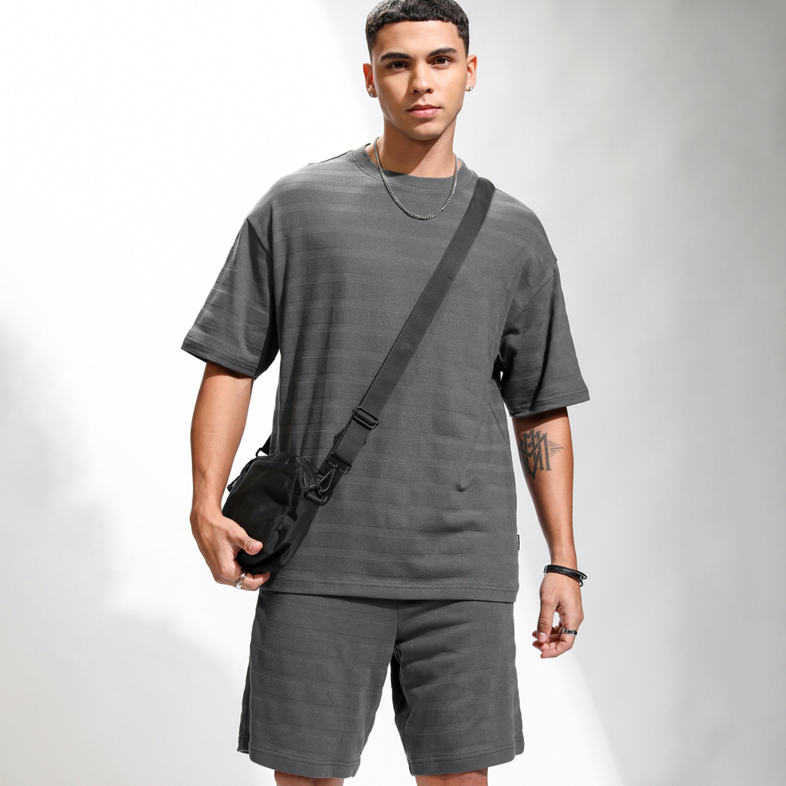 Highlander X Styli Highlander Self Design Round Neck Short Sleeves Pure Cotton T-Shirt With Shorts-men-clothing-coordsets-image-1