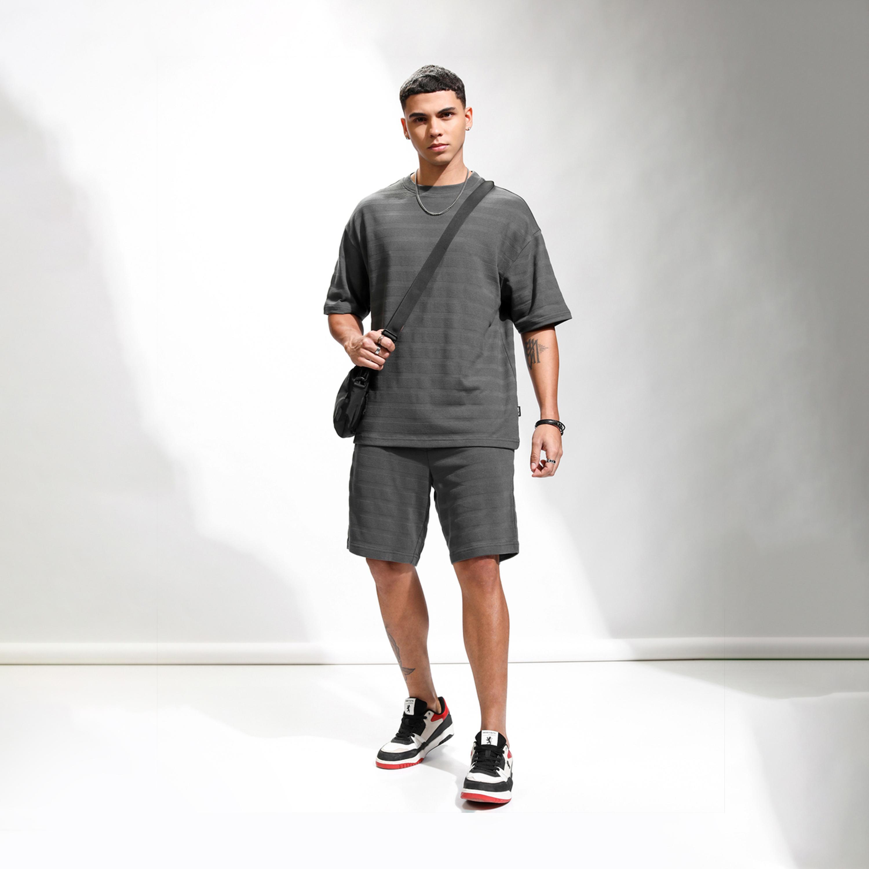 Highlander X Styli Highlander Self Design Round Neck Short Sleeves Pure Cotton T-Shirt With Shorts-men-clothing-coordsets-image-2