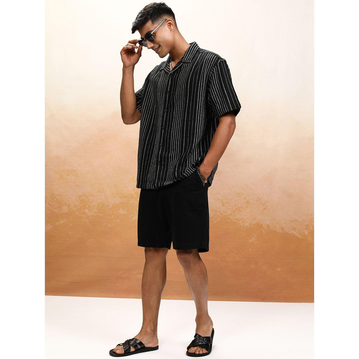 قميص مخطط بقصة فضفاضة مع ياقة هايلاندر × ستايلي-men-clothing-shirts-image-2