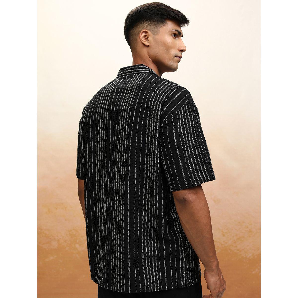 قميص مخطط بقصة فضفاضة مع ياقة هايلاندر × ستايلي-men-clothing-shirts-image-3
