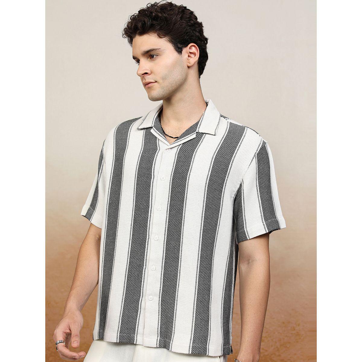 قميص مخطط فضفاض بياقة هايلاندر × ستايلي-men-clothing-shirts-image-4