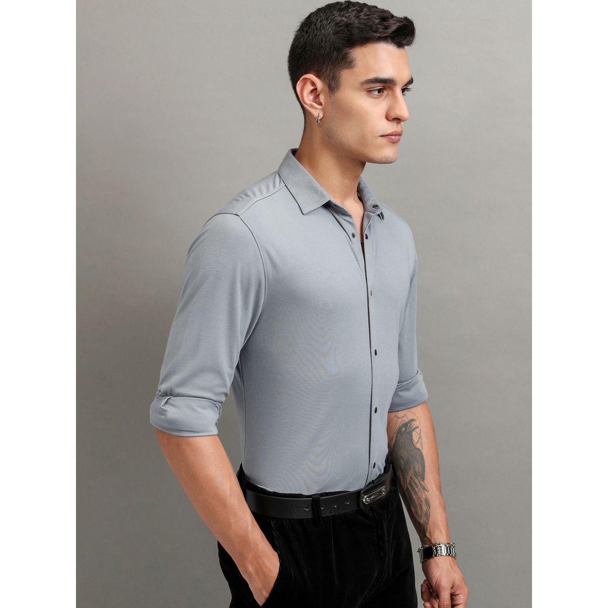 قميص سادة بقصة سليم فيت مع ياقة هايلاندر × ستايلي-men-clothing-shirts-image-1