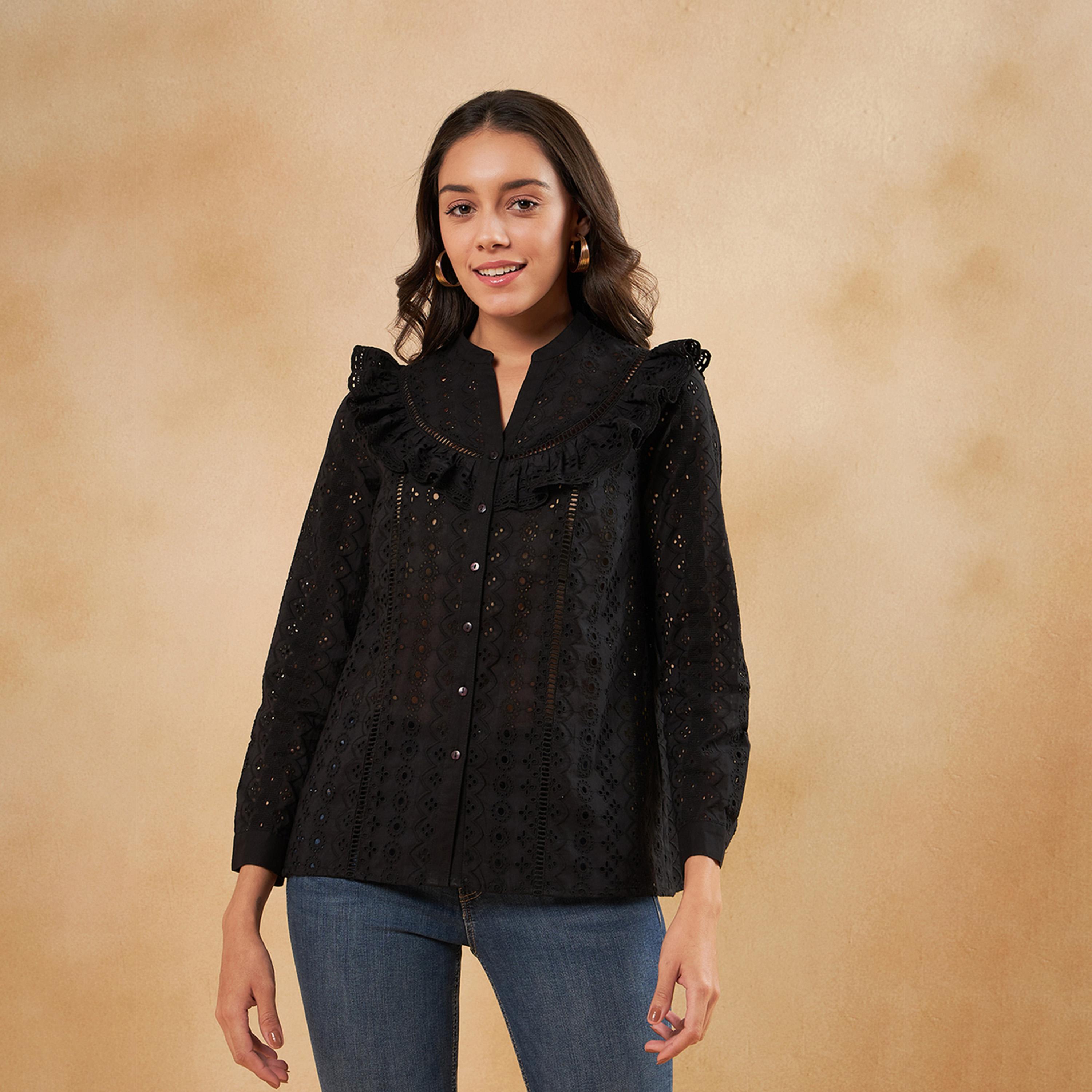 Femmella X Styli Schiffli Ruffle Detail Notch Neck Top-women-clothing-shirtsandblouses-blouses-image-1