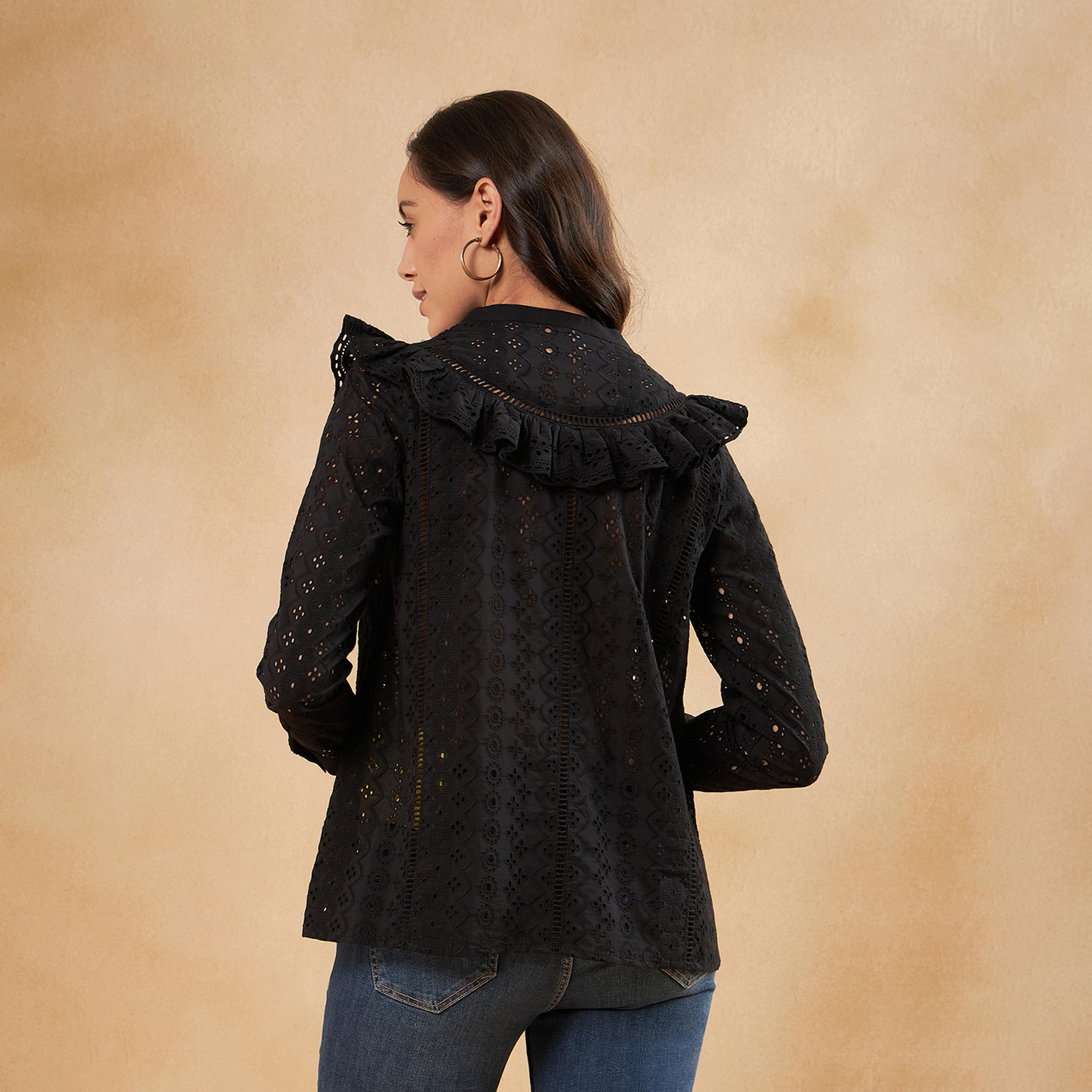 Femmella X Styli Schiffli Ruffle Detail Notch Neck Top-women-clothing-shirtsandblouses-blouses-image-2