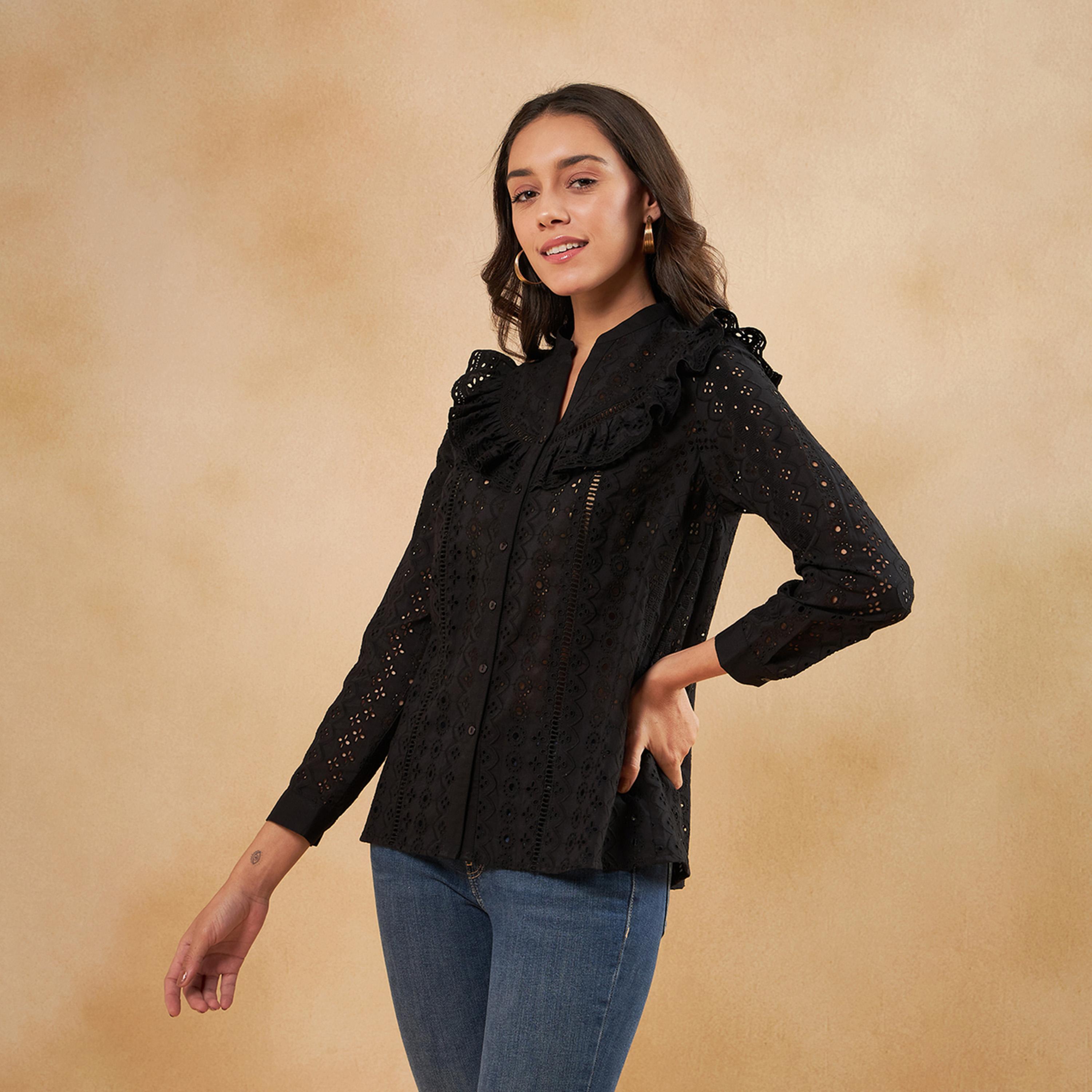 Femmella X Styli Schiffli Ruffle Detail Notch Neck Top-women-clothing-shirtsandblouses-blouses-image-3
