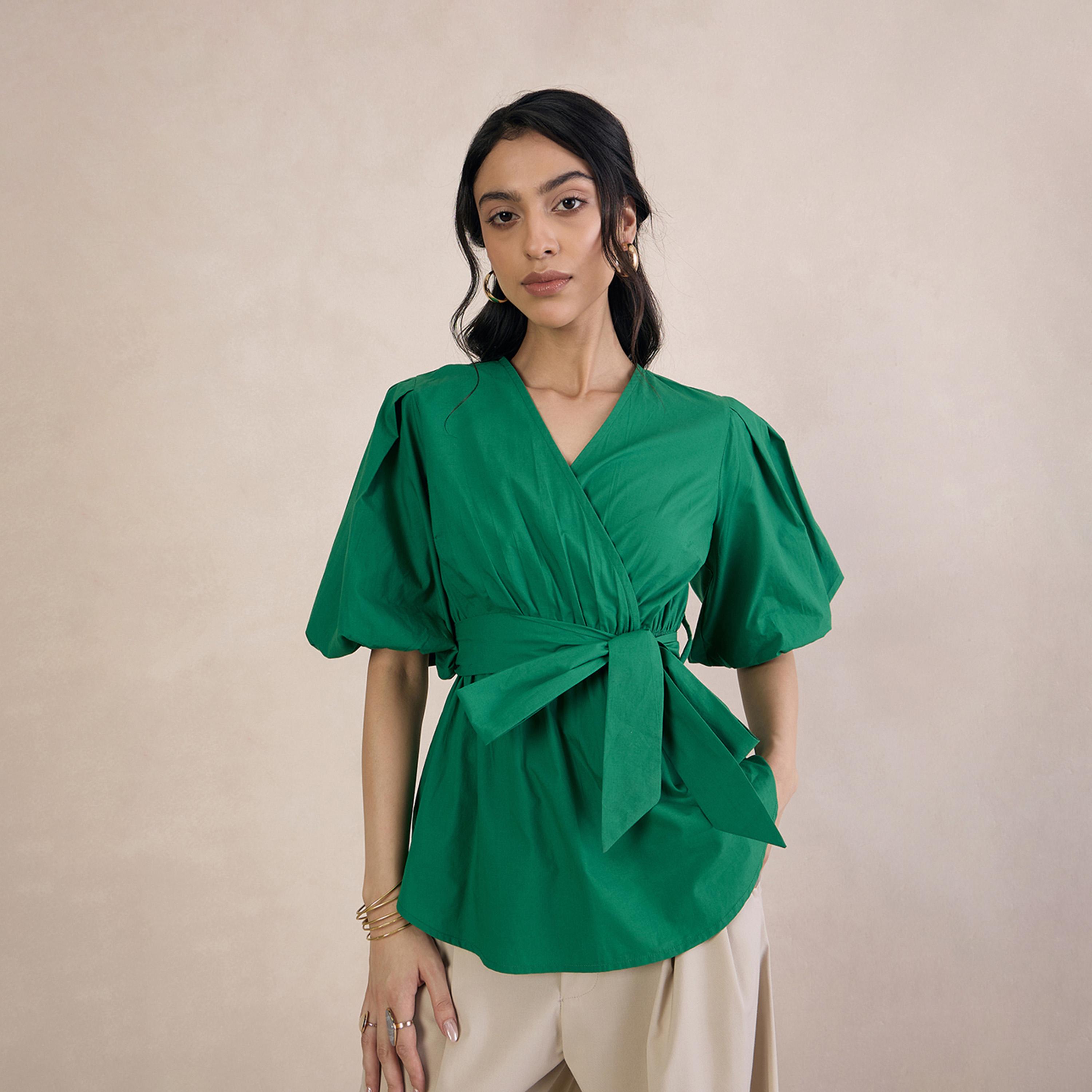 Femmella X Styli Solid V-Neck Puff Sleeve Wrap Top-women-clothing-shirtsandblouses-blouses-image-1