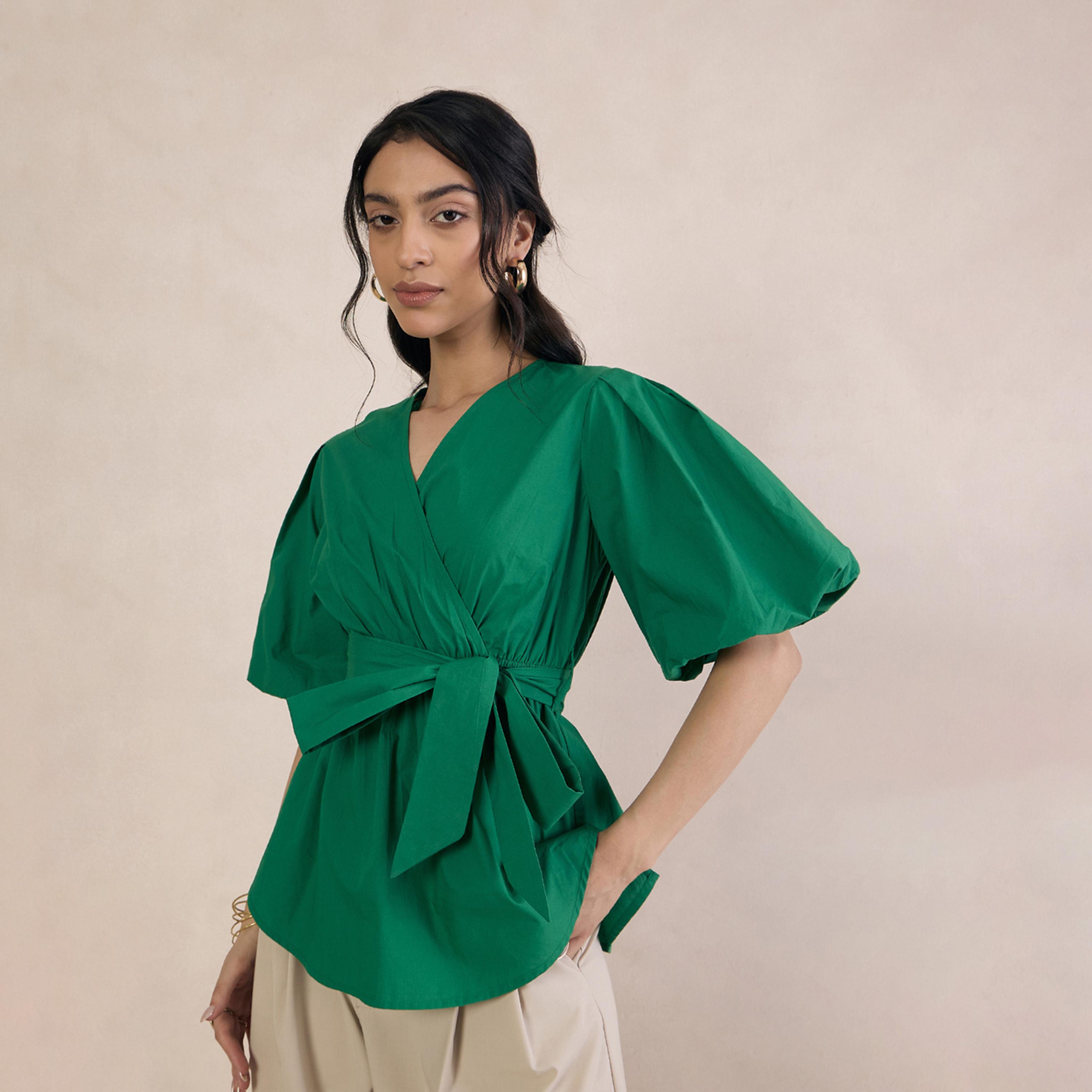 فيميلا × ستايلي - بلوزة سادة بفتحة رقبة على شكل V وأكمام منفوخة-women-clothing-shirtsandblouses-blouses-image-2