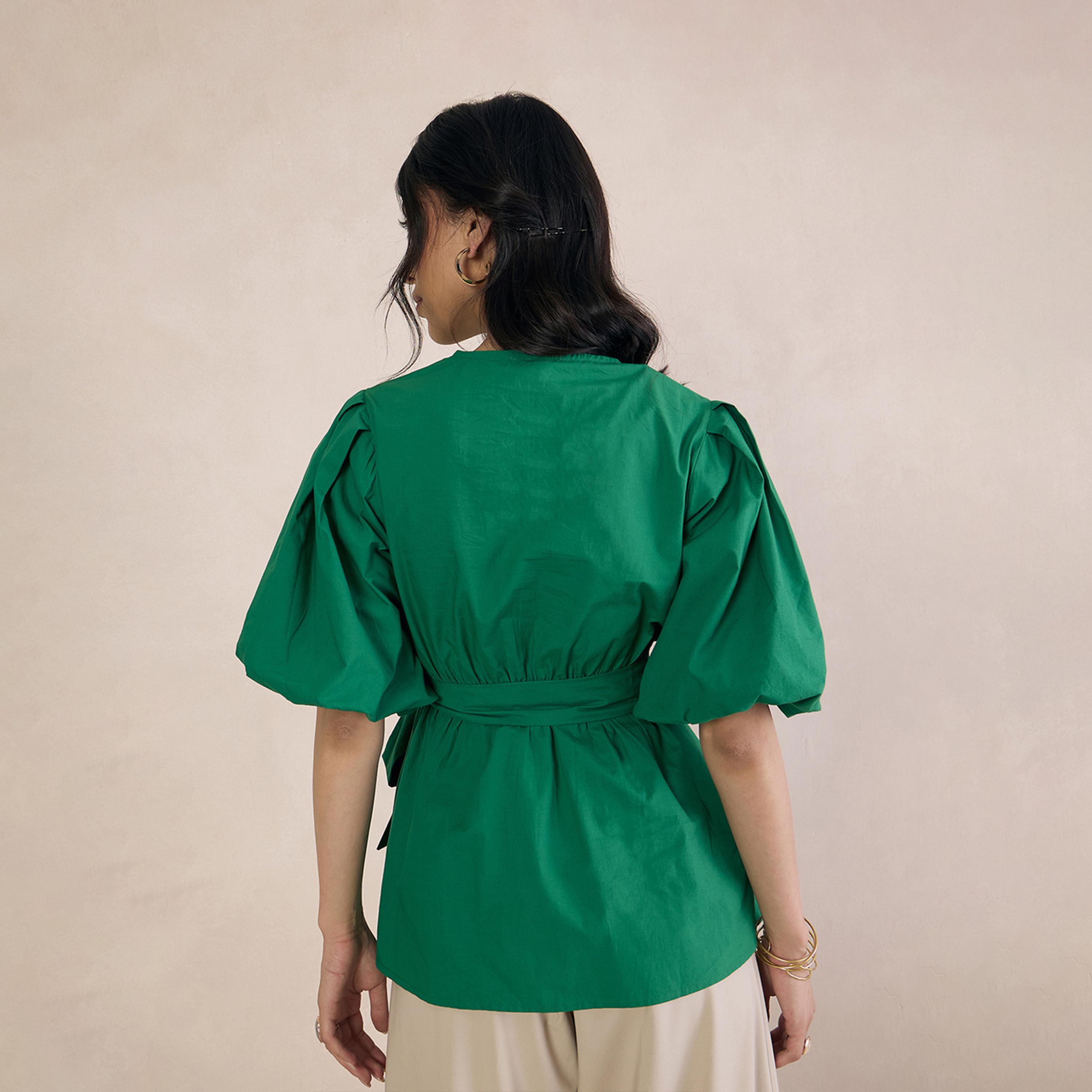 Femmella X Styli Solid V-Neck Puff Sleeve Wrap Top-women-clothing-shirtsandblouses-blouses-image-4