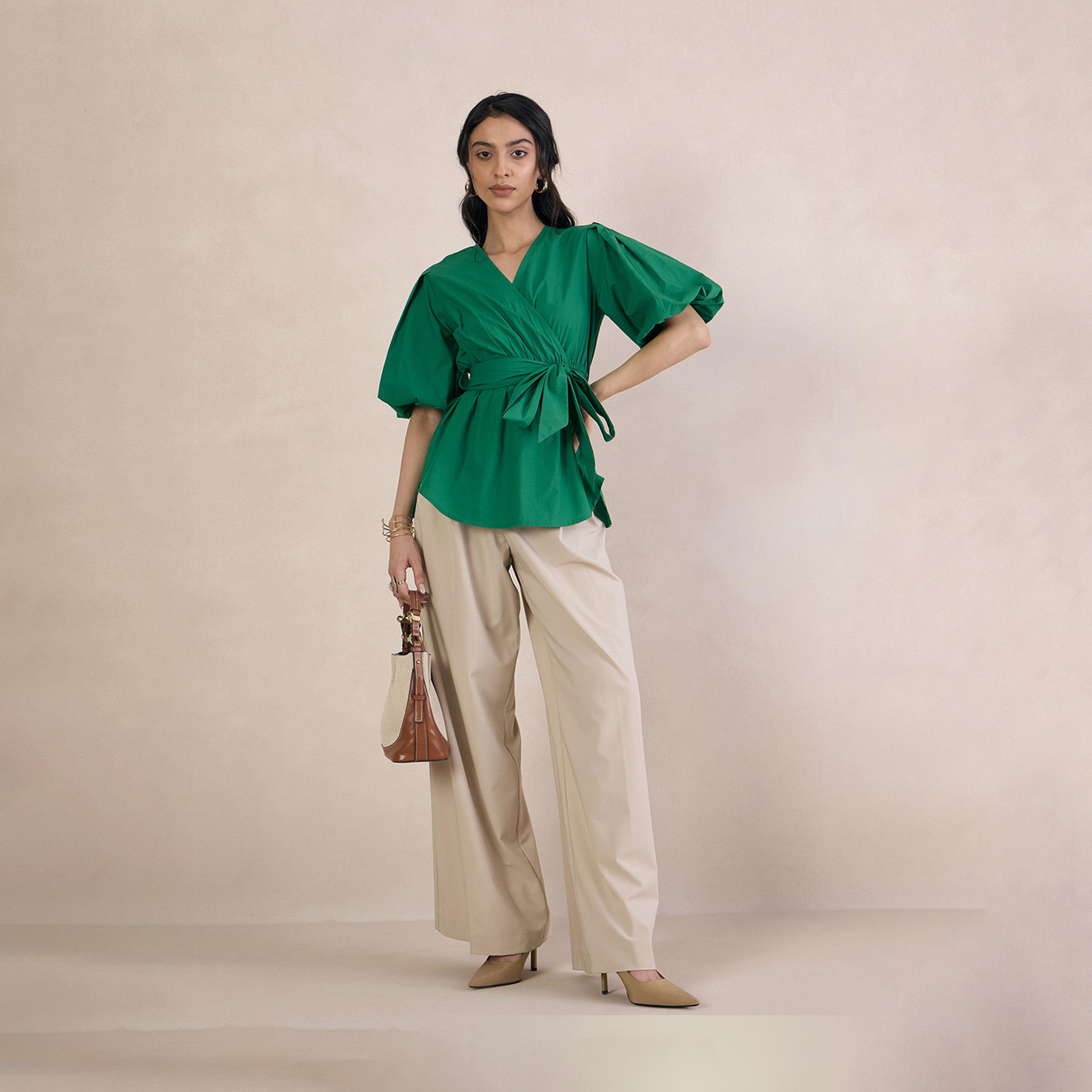 Femmella X Styli Solid V-Neck Puff Sleeve Wrap Top-women-clothing-shirtsandblouses-blouses-image-5
