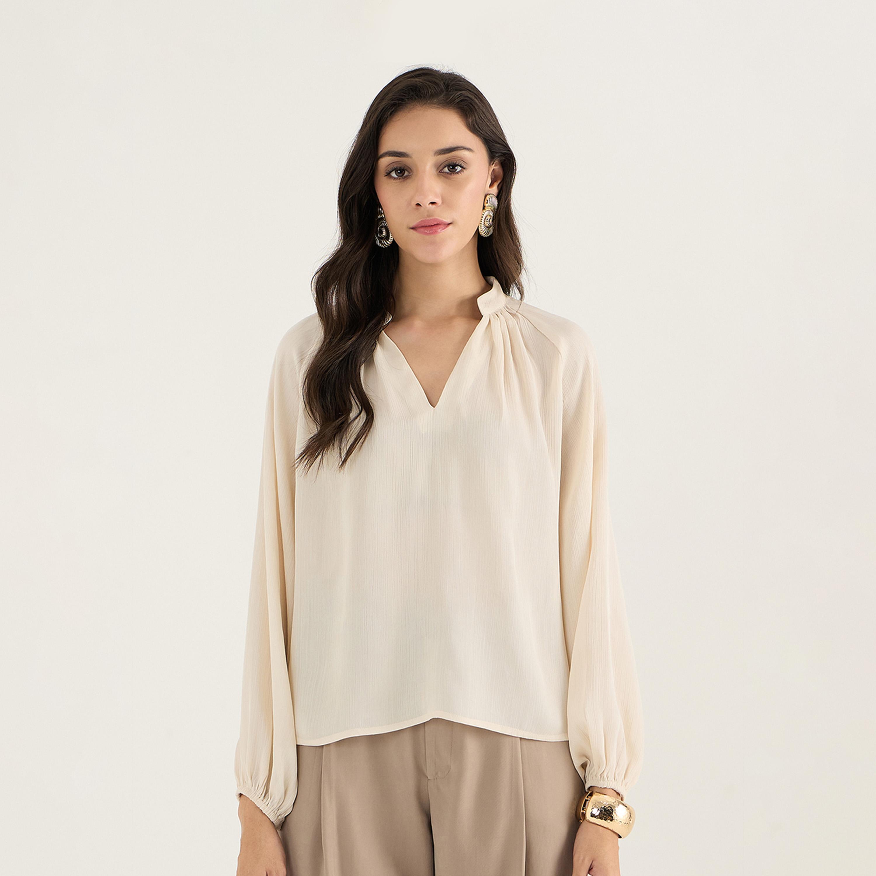 فيميلا × ستايلي - بلوزة بأكمام منتفخة وفتحة رقبة على شكل V-women-clothing-shirtsandblouses-blouses-image-1