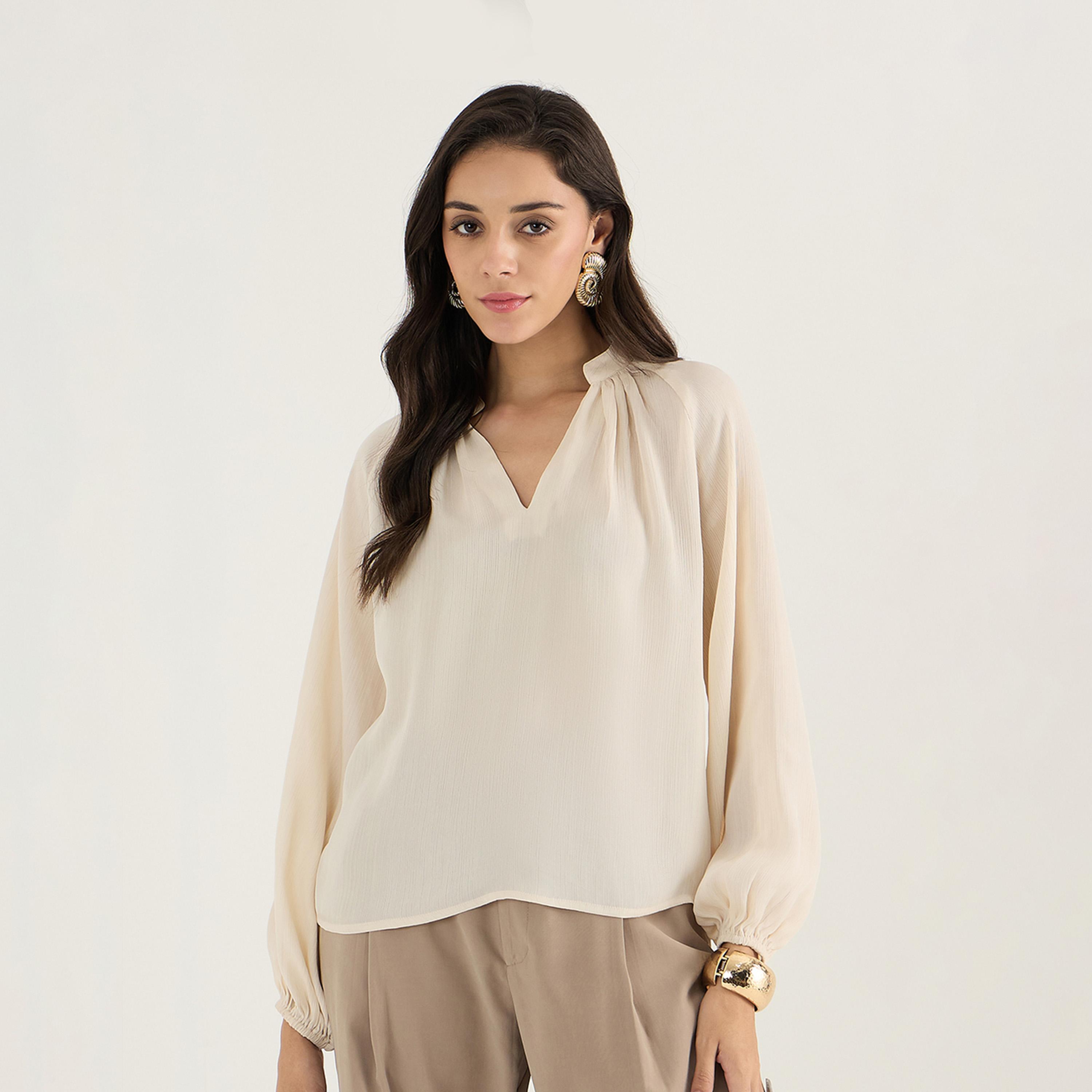 فيميلا × ستايلي - بلوزة بأكمام منتفخة وفتحة رقبة على شكل V-women-clothing-shirtsandblouses-blouses-image-3