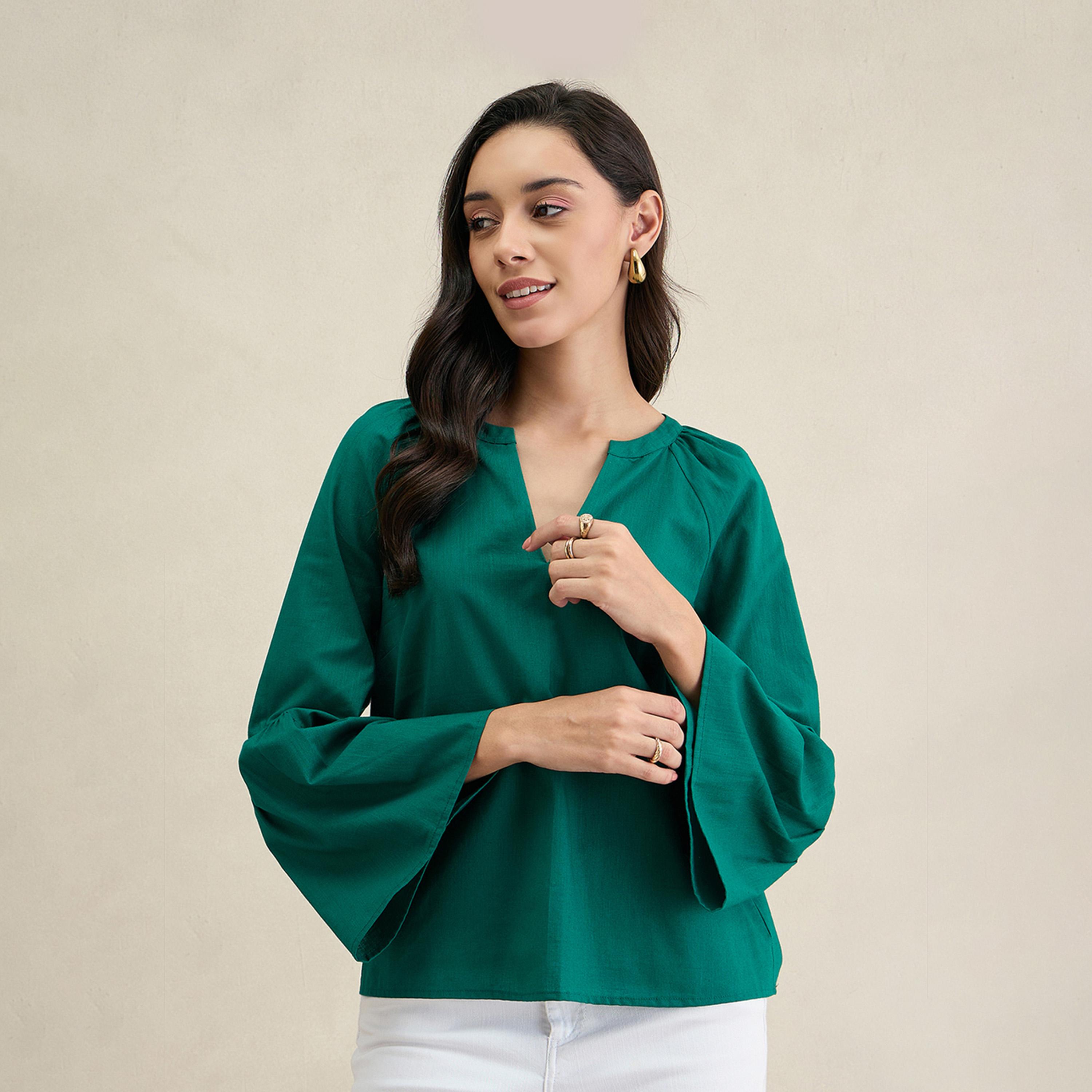 فيميلا × ستايلي - بلوزة من القطن سادة بأكمام جرس وفتحة رقبة-women-clothing-shirtsandblouses-blouses-image-1