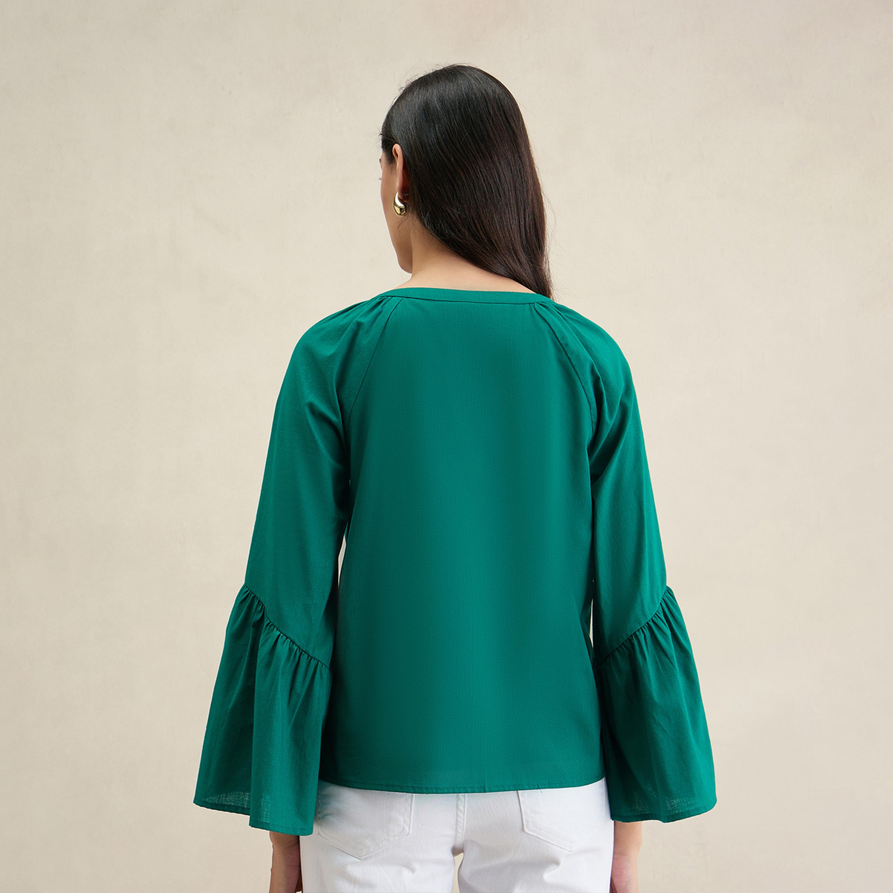 فيميلا × ستايلي - بلوزة من القطن سادة بأكمام جرس وفتحة رقبة-women-clothing-shirtsandblouses-blouses-image-2