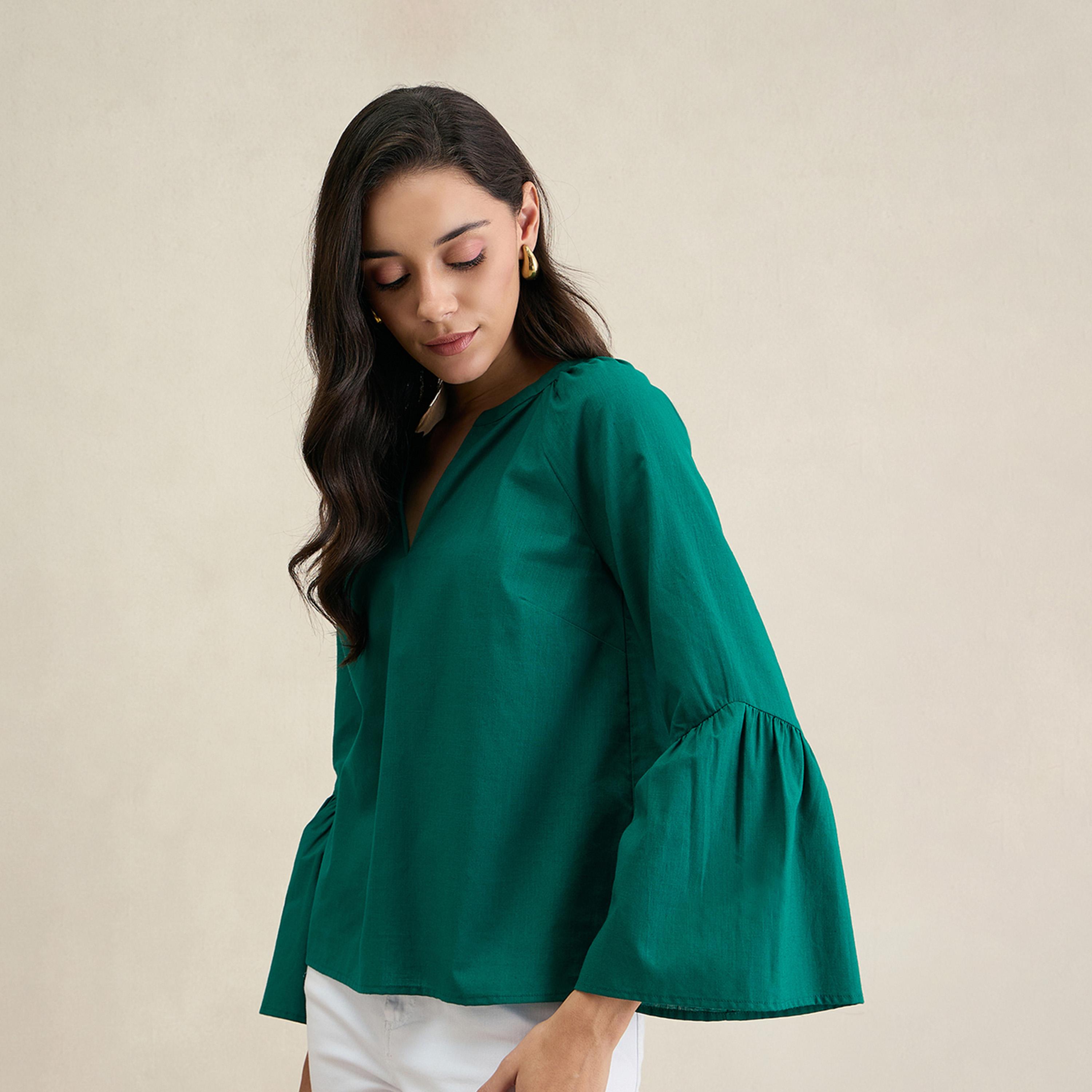 فيميلا × ستايلي - بلوزة من القطن سادة بأكمام جرس وفتحة رقبة-women-clothing-shirtsandblouses-blouses-image-3