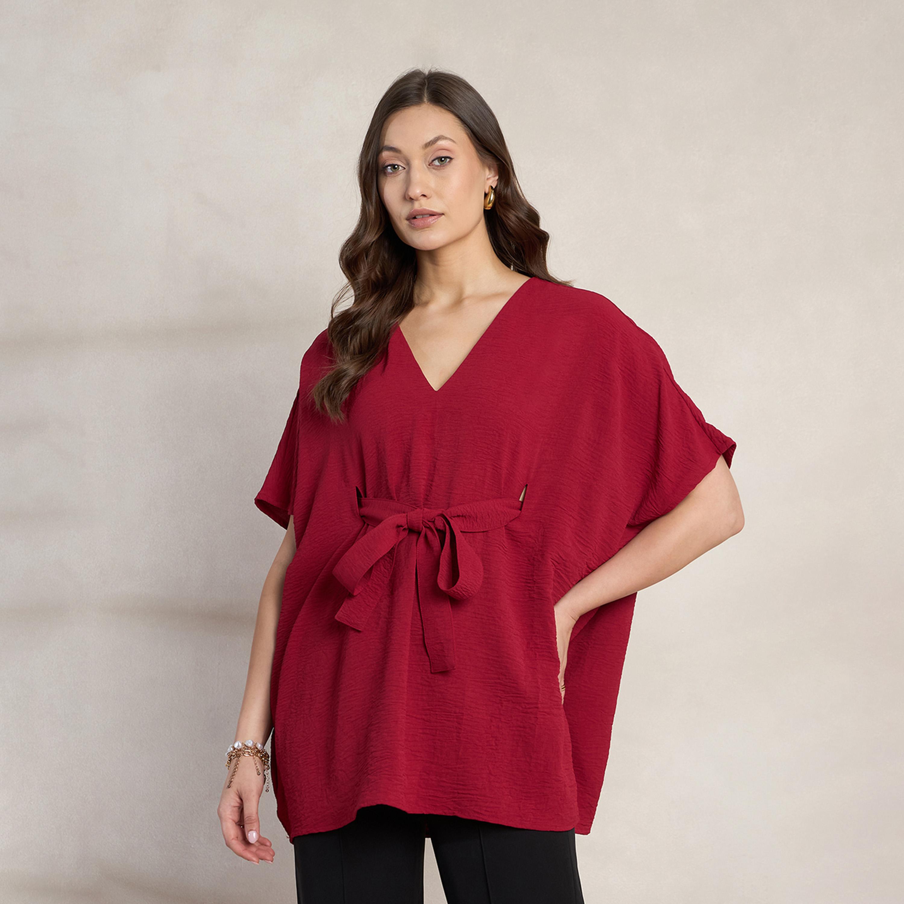 بلوزة كيمونو سادة بتفاصيل ربطة خصر-women-clothing-shirtsandblouses-blouses-image-1