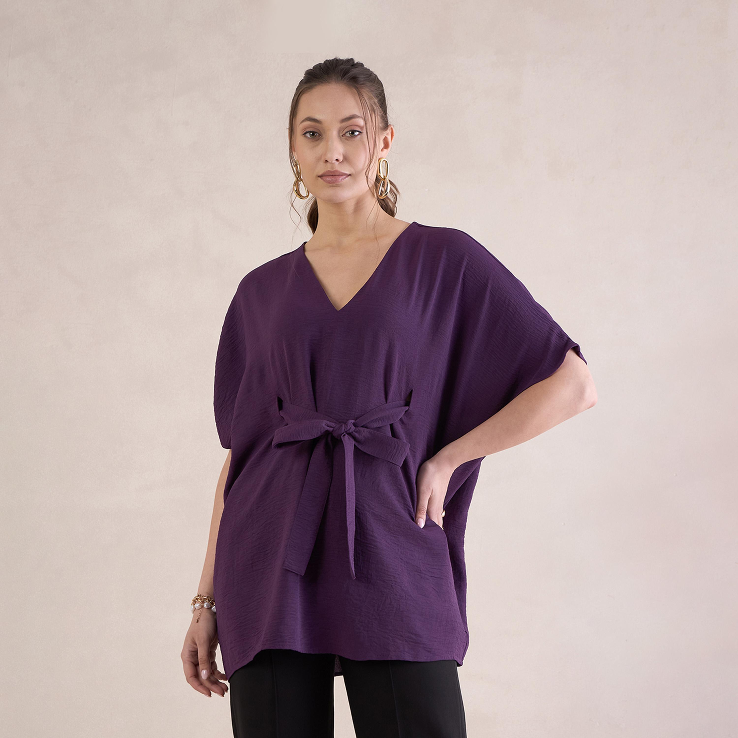 بلوزة سادة بنمط كيمونو مع تفاصيل أربطة-women-clothing-shirtsandblouses-blouses-image-1