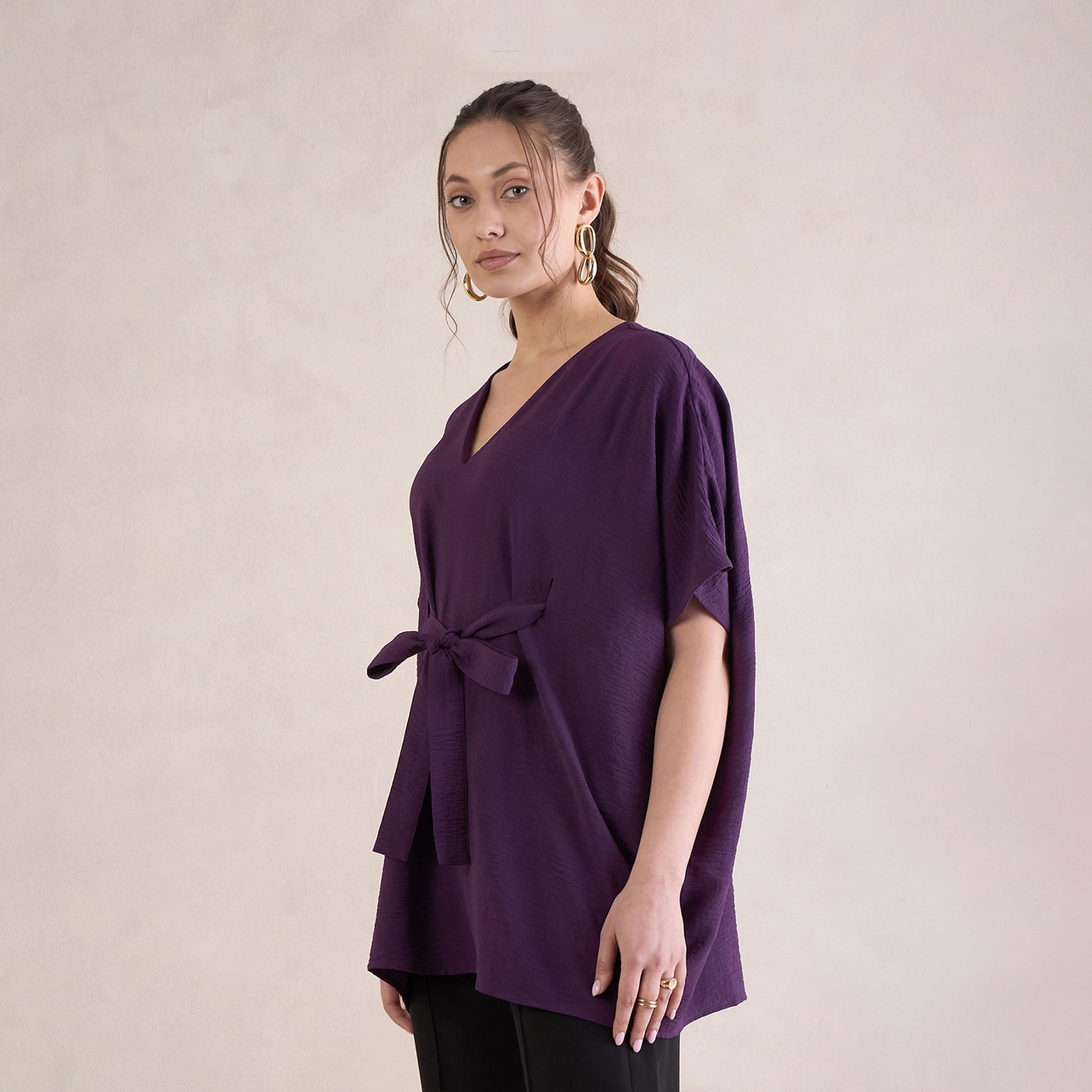 بلوزة سادة بنمط كيمونو مع تفاصيل أربطة-women-clothing-shirtsandblouses-blouses-image-2