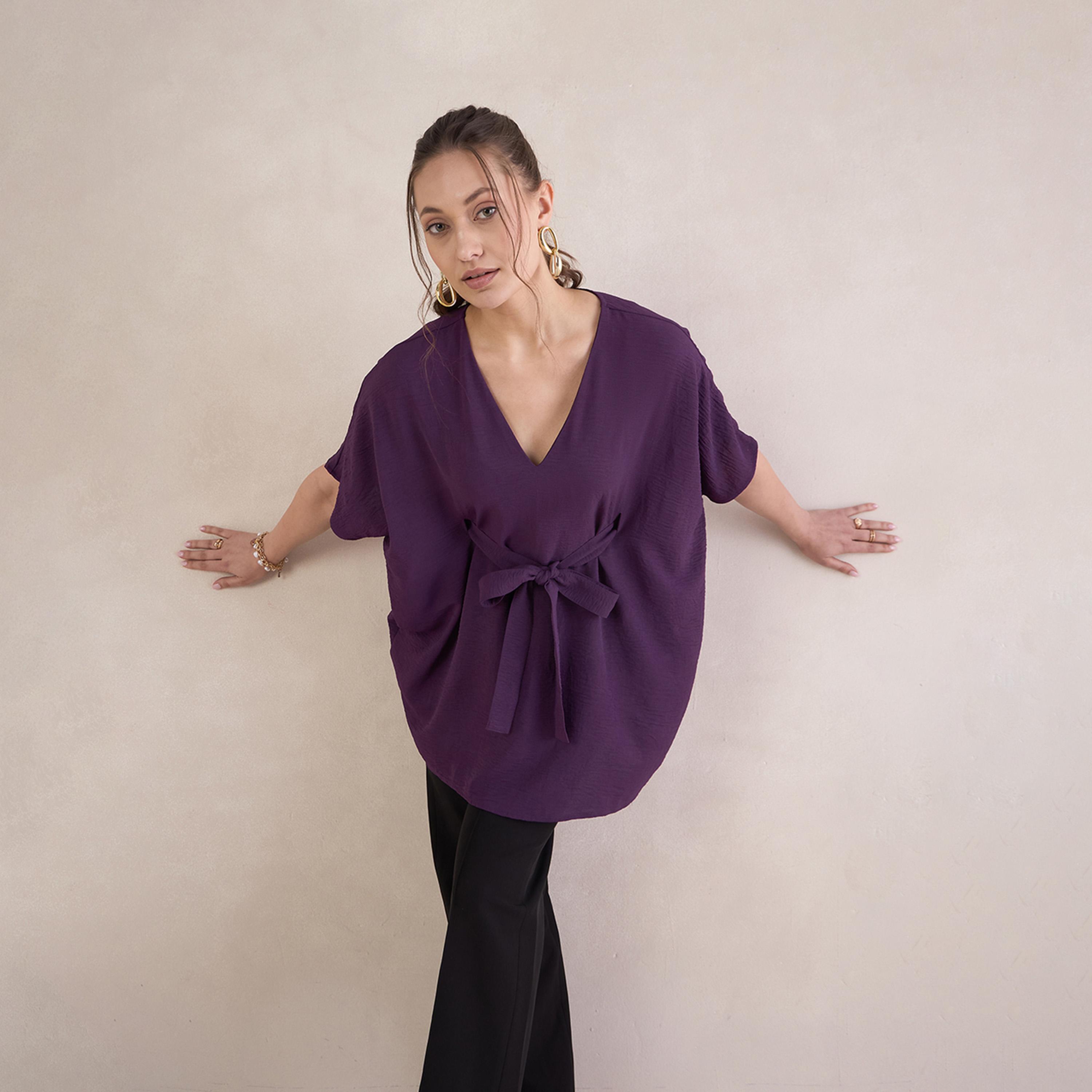 بلوزة سادة بنمط كيمونو مع تفاصيل أربطة-women-clothing-shirtsandblouses-blouses-image-6