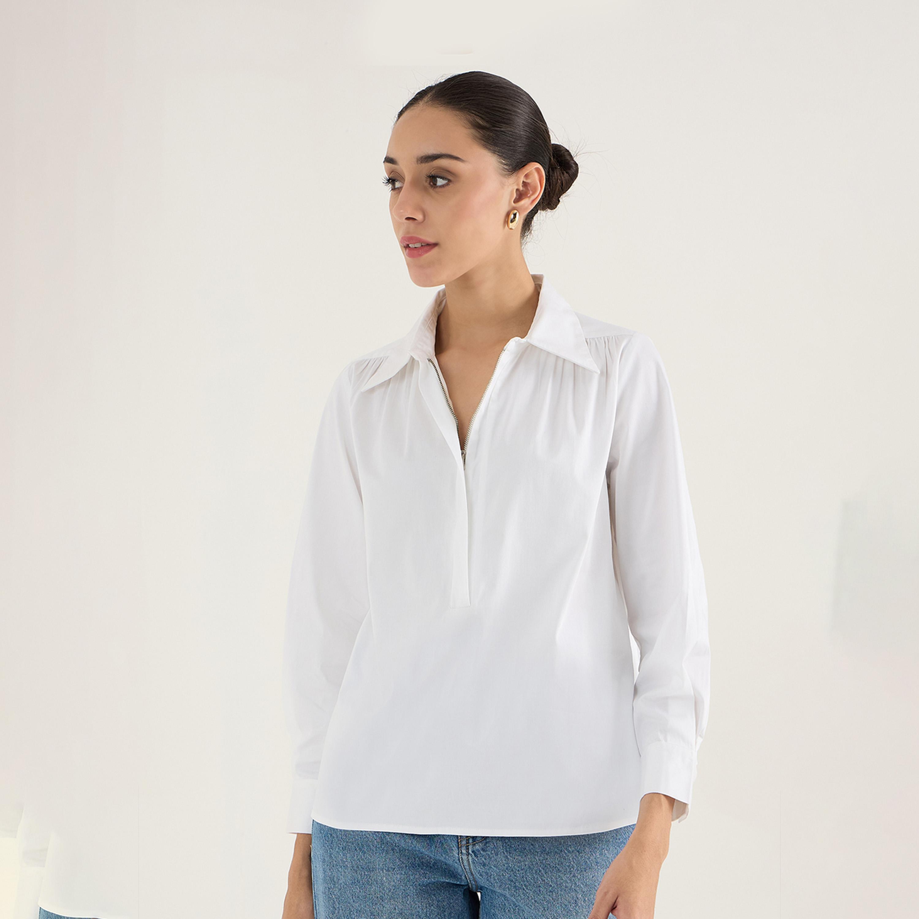 فيميلا × ستايلي - بلوزة سادة من القطن بياقة وتفاصيل سحاب-women-clothing-shirtsandblouses-blouses-image-1
