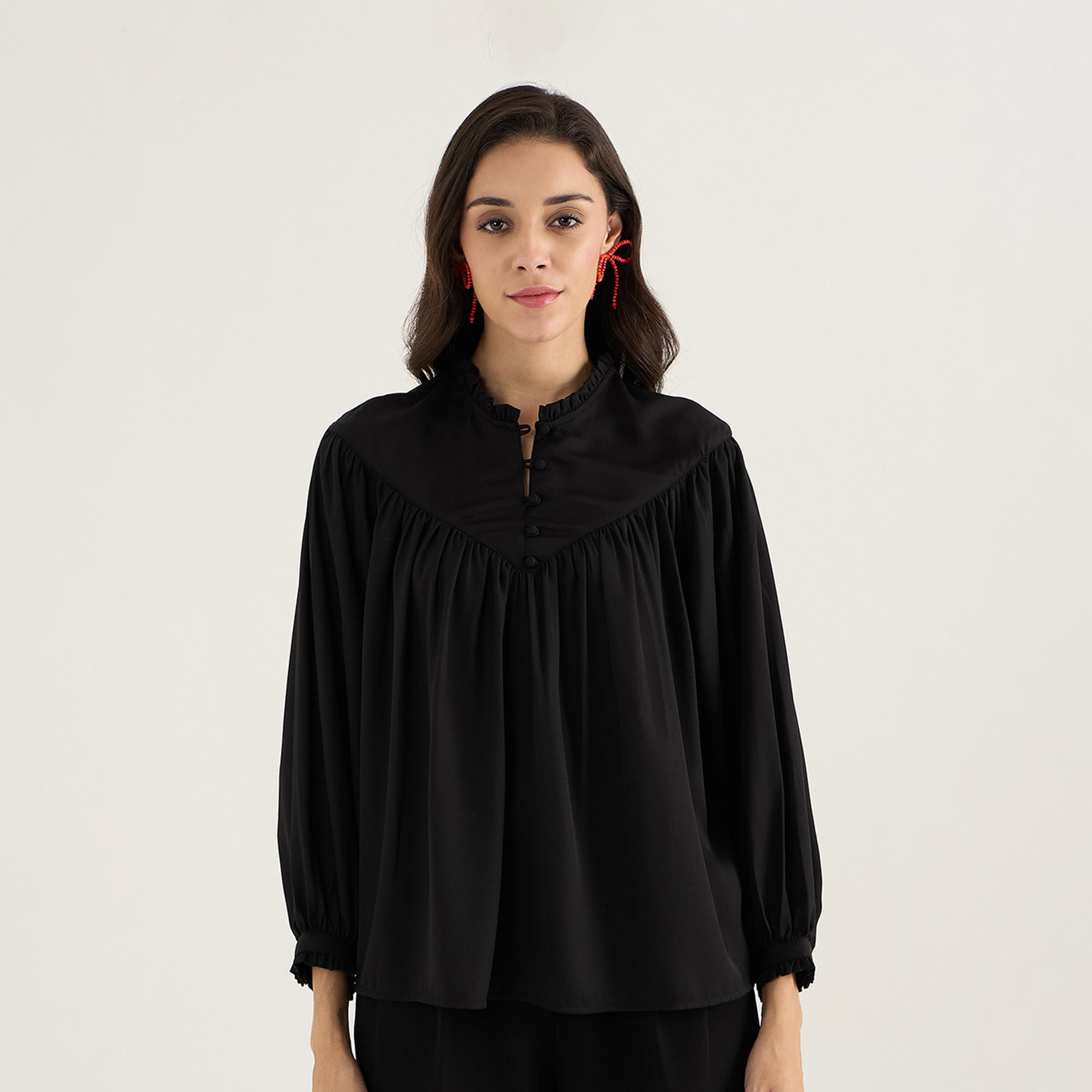 فيميلا × ستايلي - بلوزة بأكمام منتفخة ومزينة بثنيات مع تفاصيل الأزرار-women-clothing-shirtsandblouses-blouses-image-3