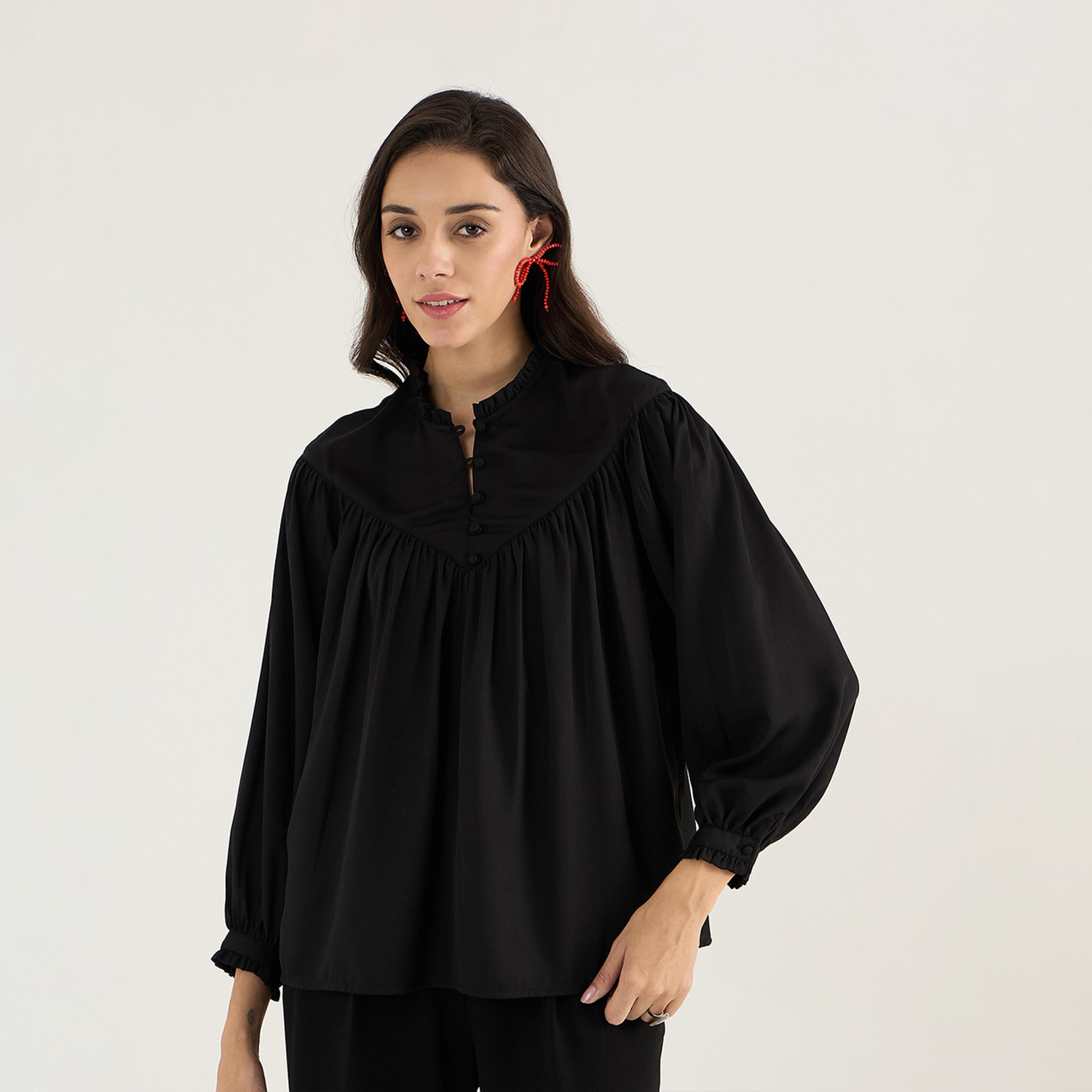 فيميلا × ستايلي - بلوزة بأكمام منتفخة ومزينة بثنيات مع تفاصيل الأزرار-women-clothing-shirtsandblouses-blouses-image-4