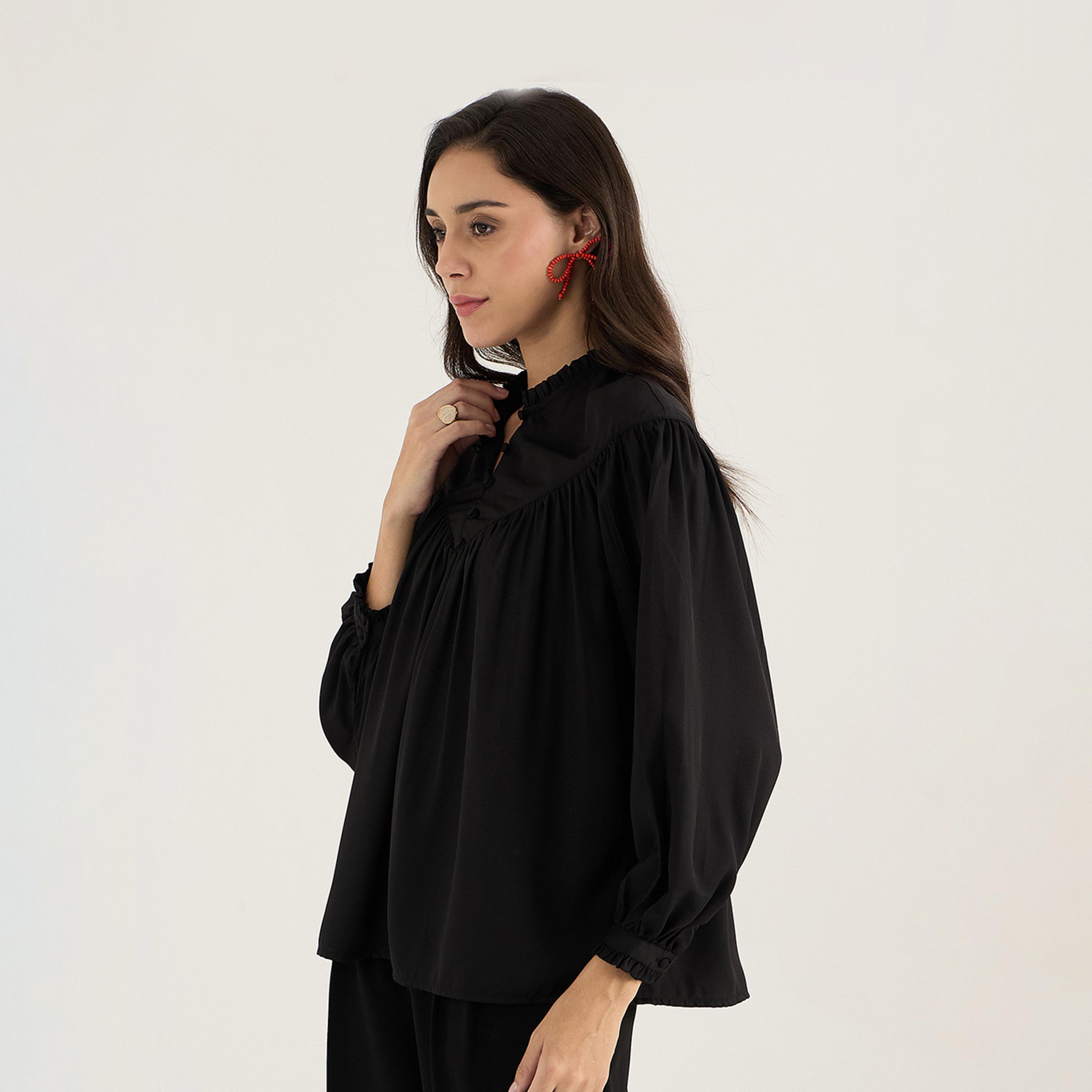 فيميلا × ستايلي - بلوزة بأكمام منتفخة ومزينة بثنيات مع تفاصيل الأزرار-women-clothing-shirtsandblouses-blouses-image-5