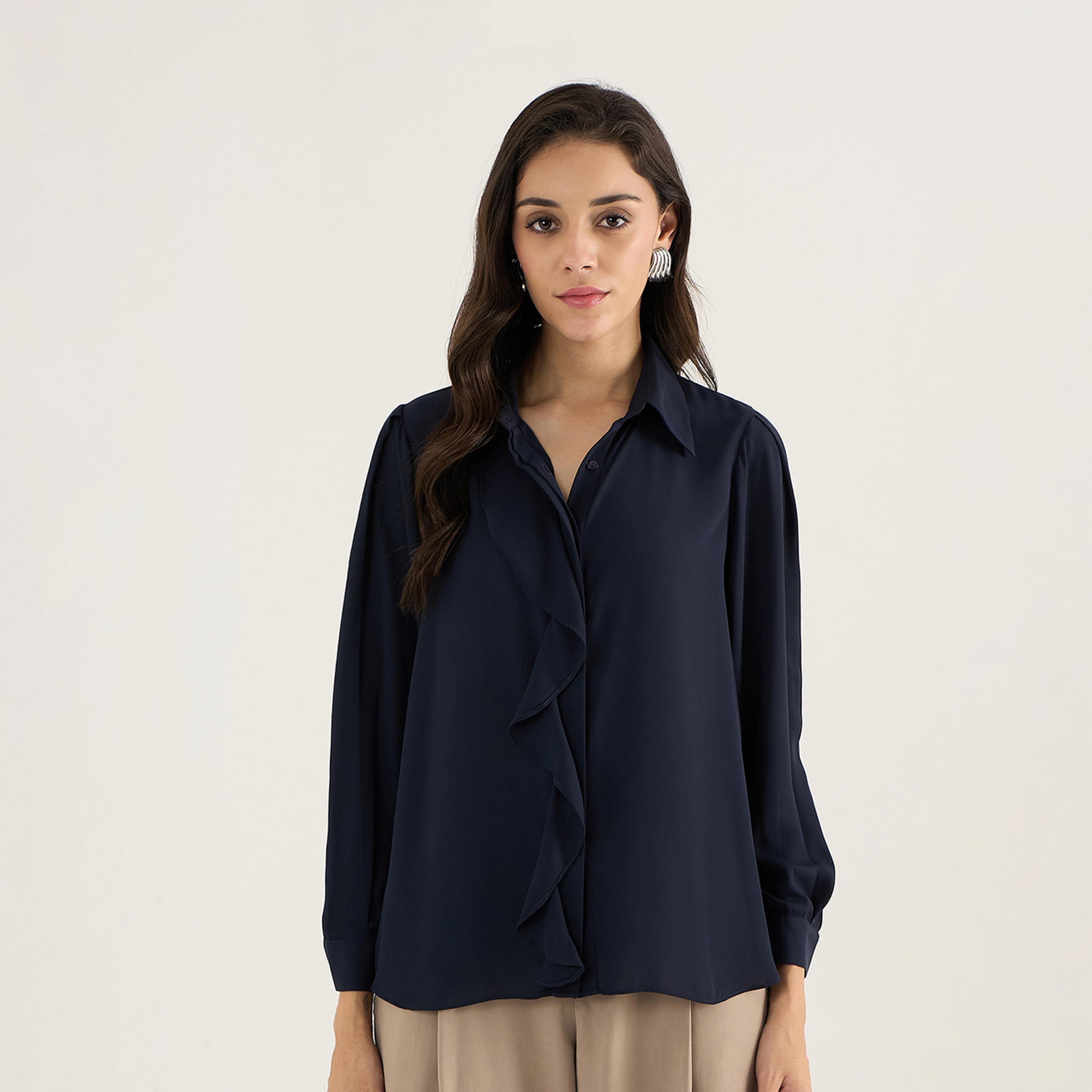 Femmella X Styli Solid Collared Regular Fit Top With Ruffle Detail-women-clothing-shirtsandblouses-blouses-image-1