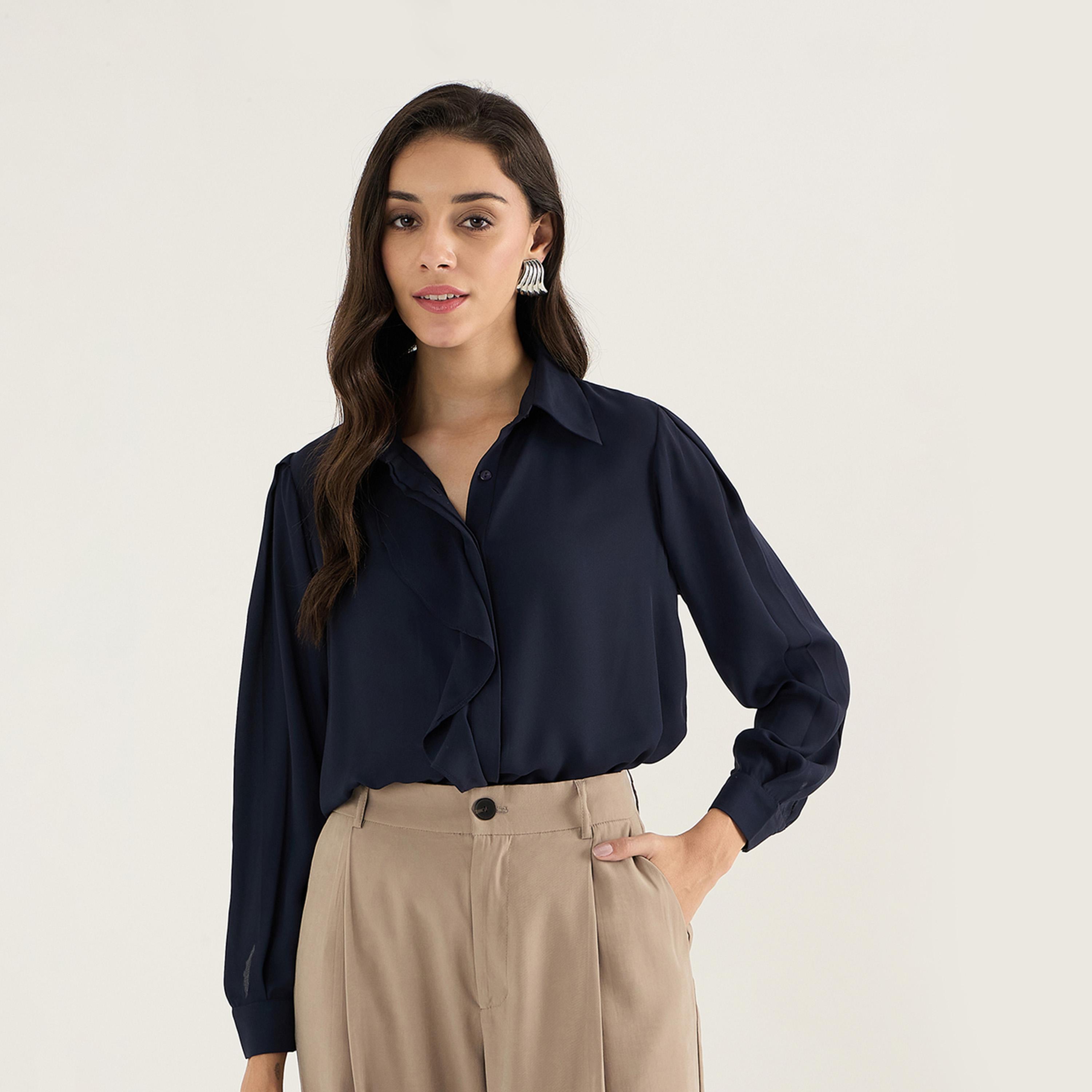 Femmella X Styli Solid Collared Regular Fit Top With Ruffle Detail-women-clothing-shirtsandblouses-blouses-image-3