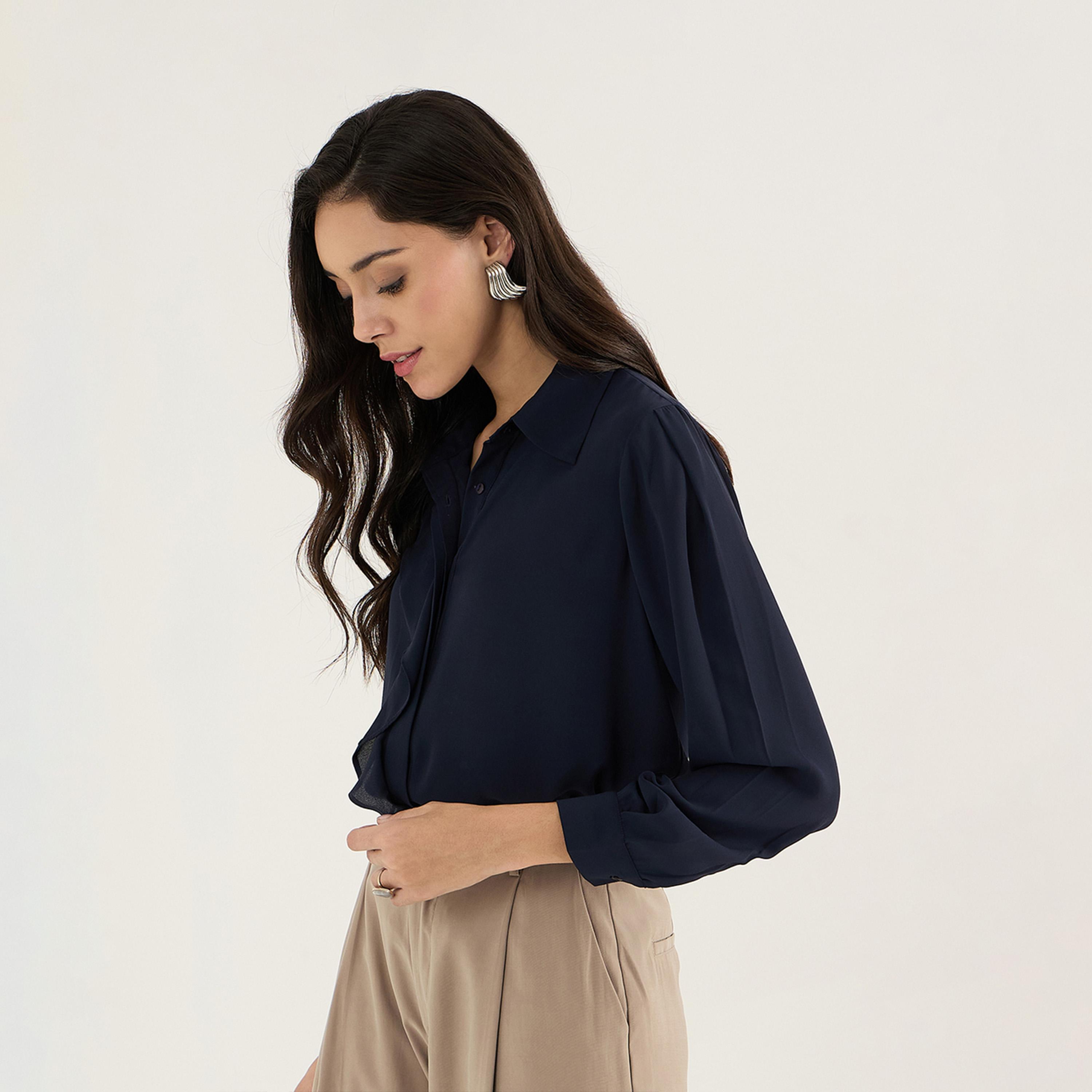 Femmella X Styli Solid Collared Regular Fit Top With Ruffle Detail-women-clothing-shirtsandblouses-blouses-image-4