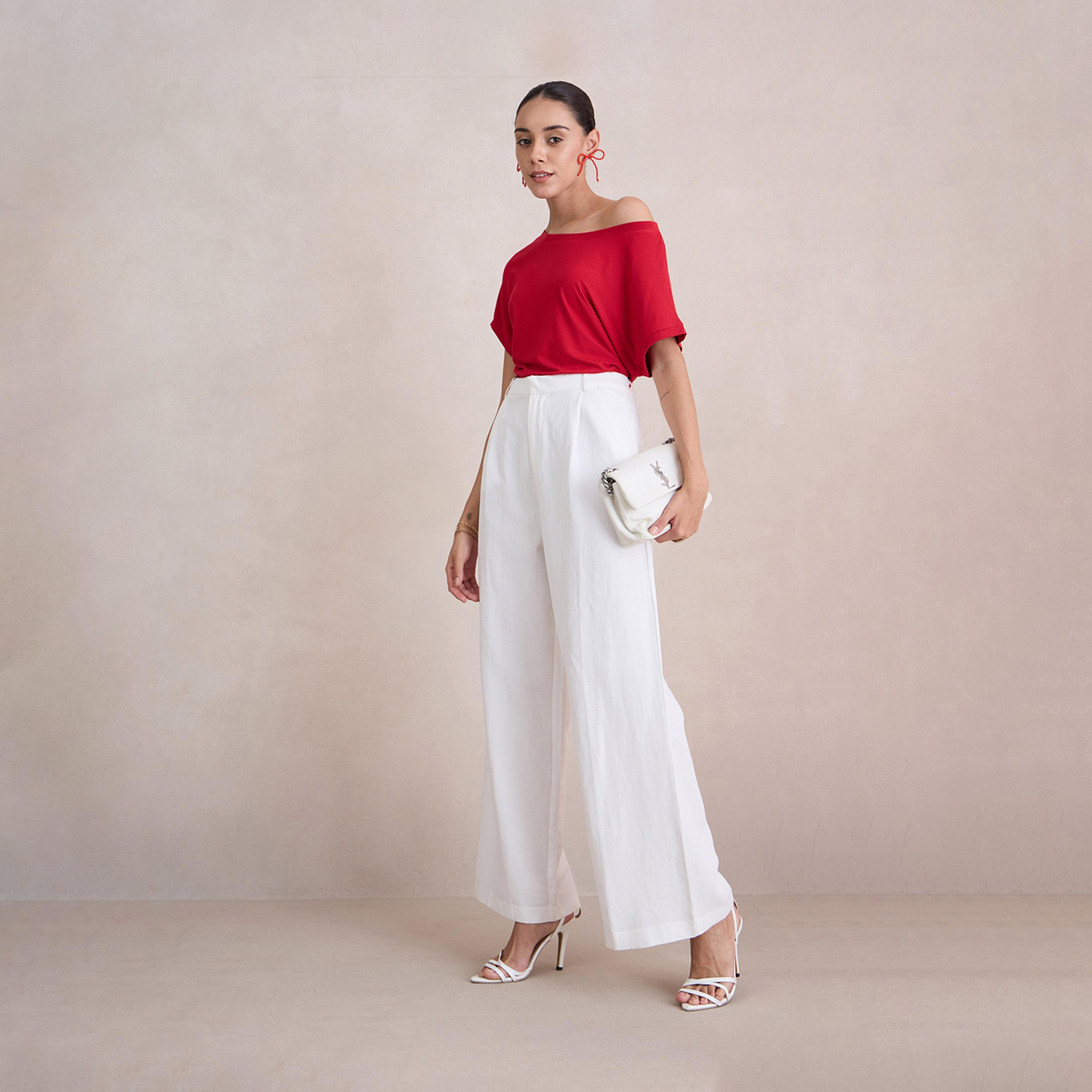 فيميلا × ستايلي - بلوزة سادة محبوكة بقصّة عادية مكشوفة الكتفين-women-clothing-tshirts-image-5