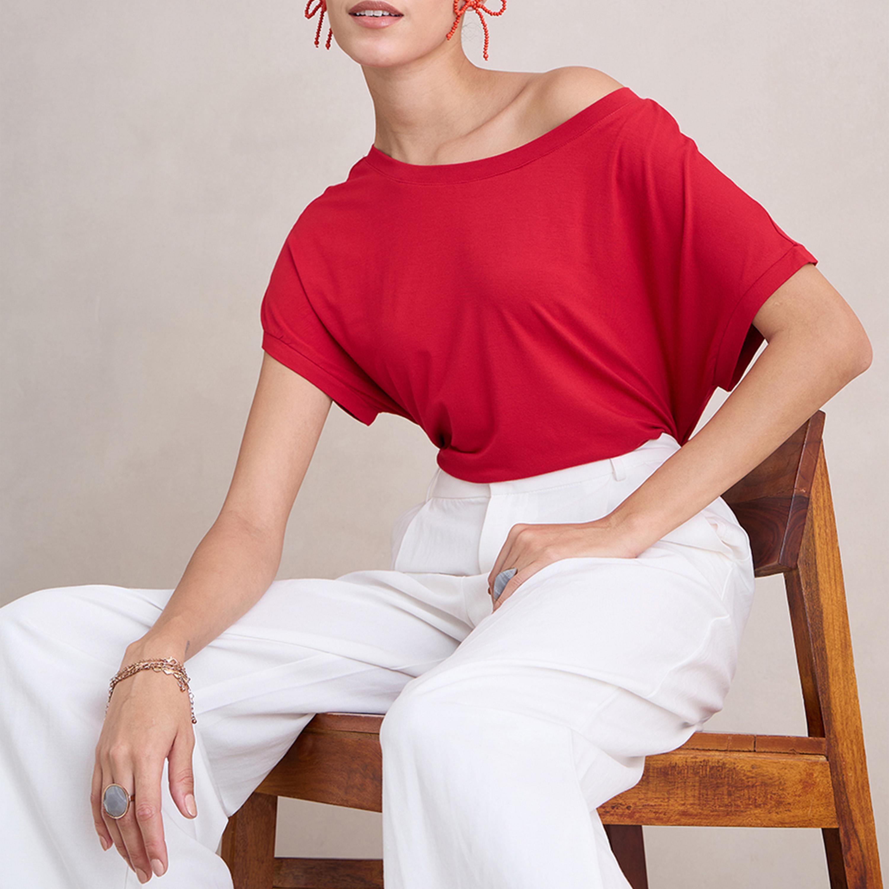 فيميلا × ستايلي - بلوزة سادة محبوكة بقصّة عادية مكشوفة الكتفين-women-clothing-tshirts-image-6
