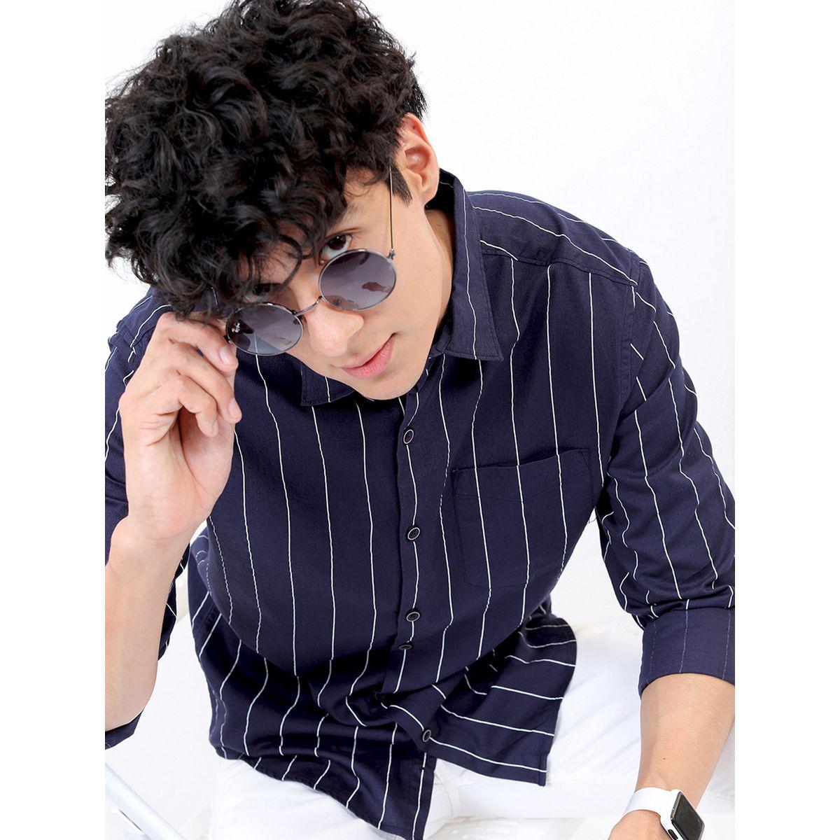 قميص مخطط بقصة سليم فيت مع تفاصيل جيب هايلاندر × ستايلي-men-clothing-shirts-image-1