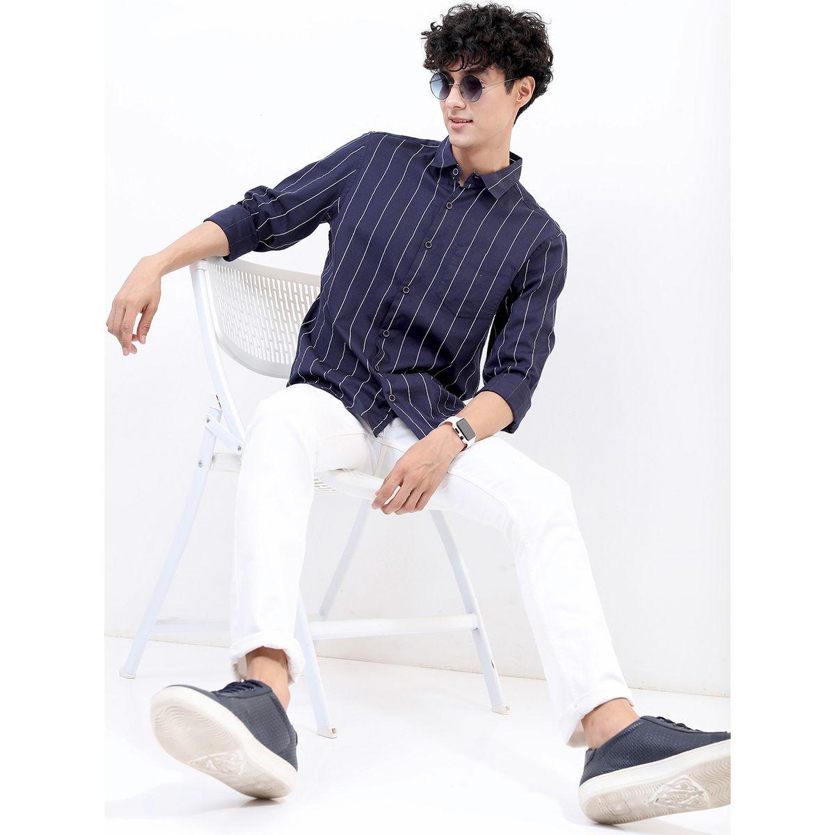 قميص مخطط بقصة سليم فيت مع تفاصيل جيب هايلاندر × ستايلي-men-clothing-shirts-image-2