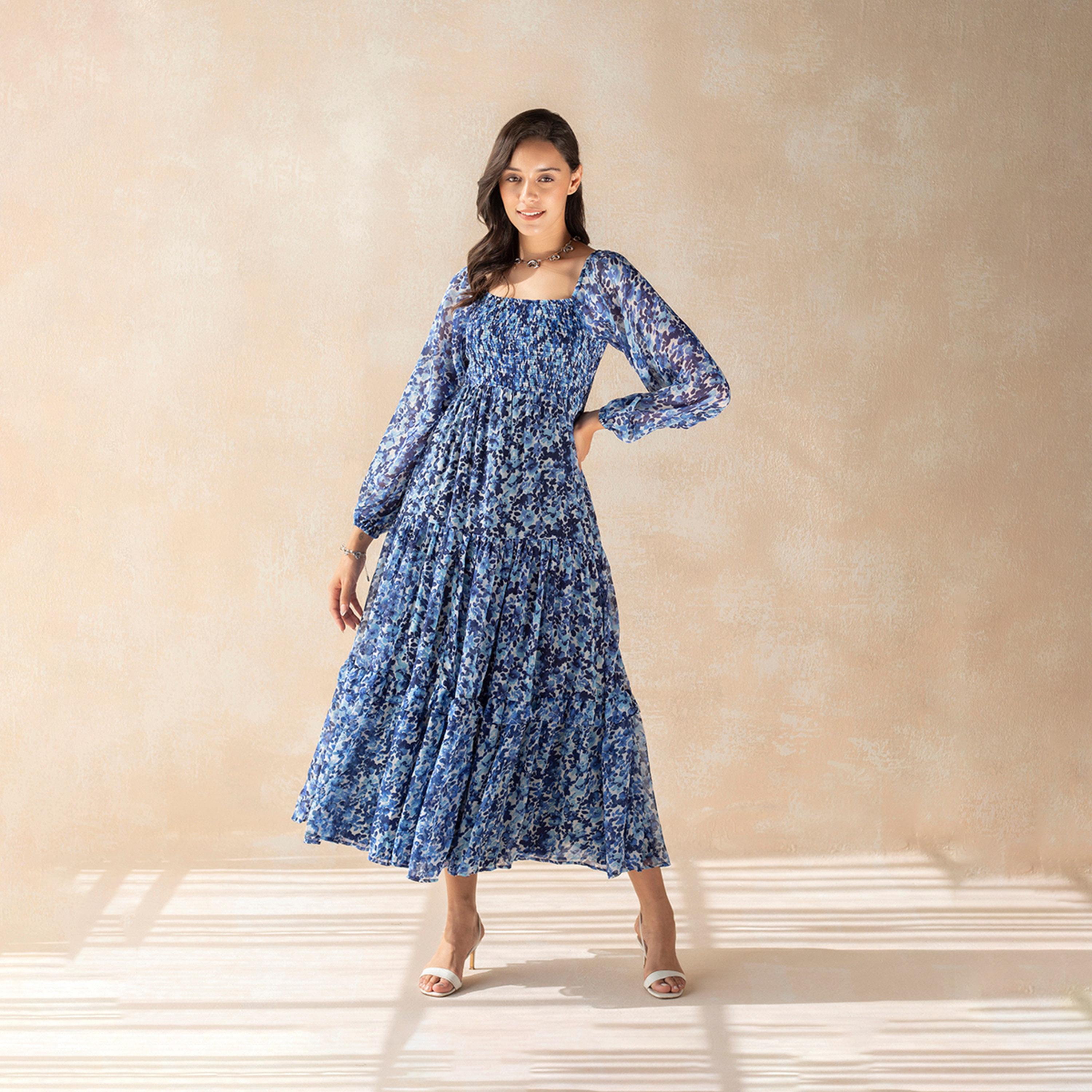 Femmella X Styli Floral Print Balloon Sleeve Tiered Maxi Dress With Smocked Detail-women-clothing-dresses-image-2