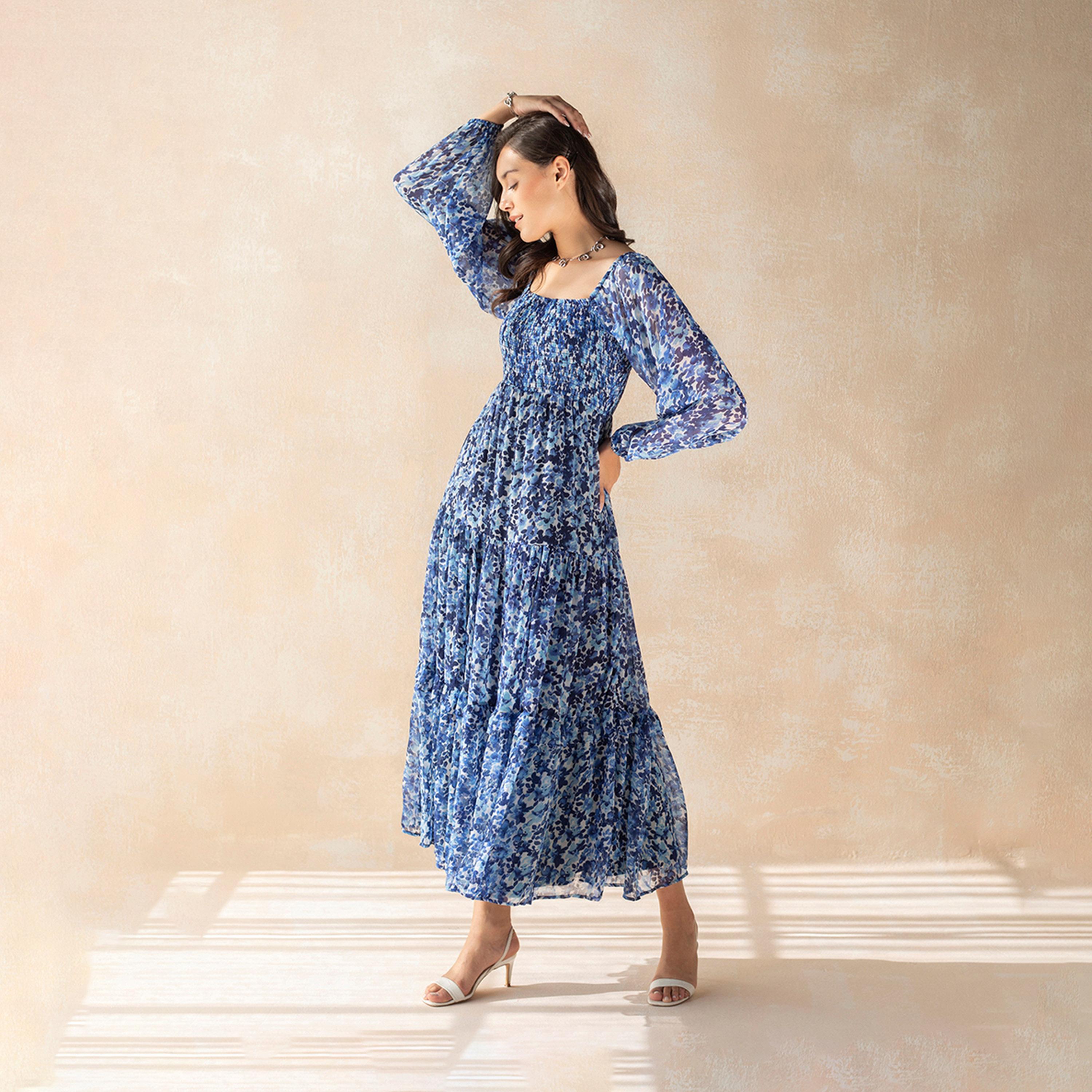 Femmella X Styli Floral Print Balloon Sleeve Tiered Maxi Dress With Smocked Detail-women-clothing-dresses-image-3