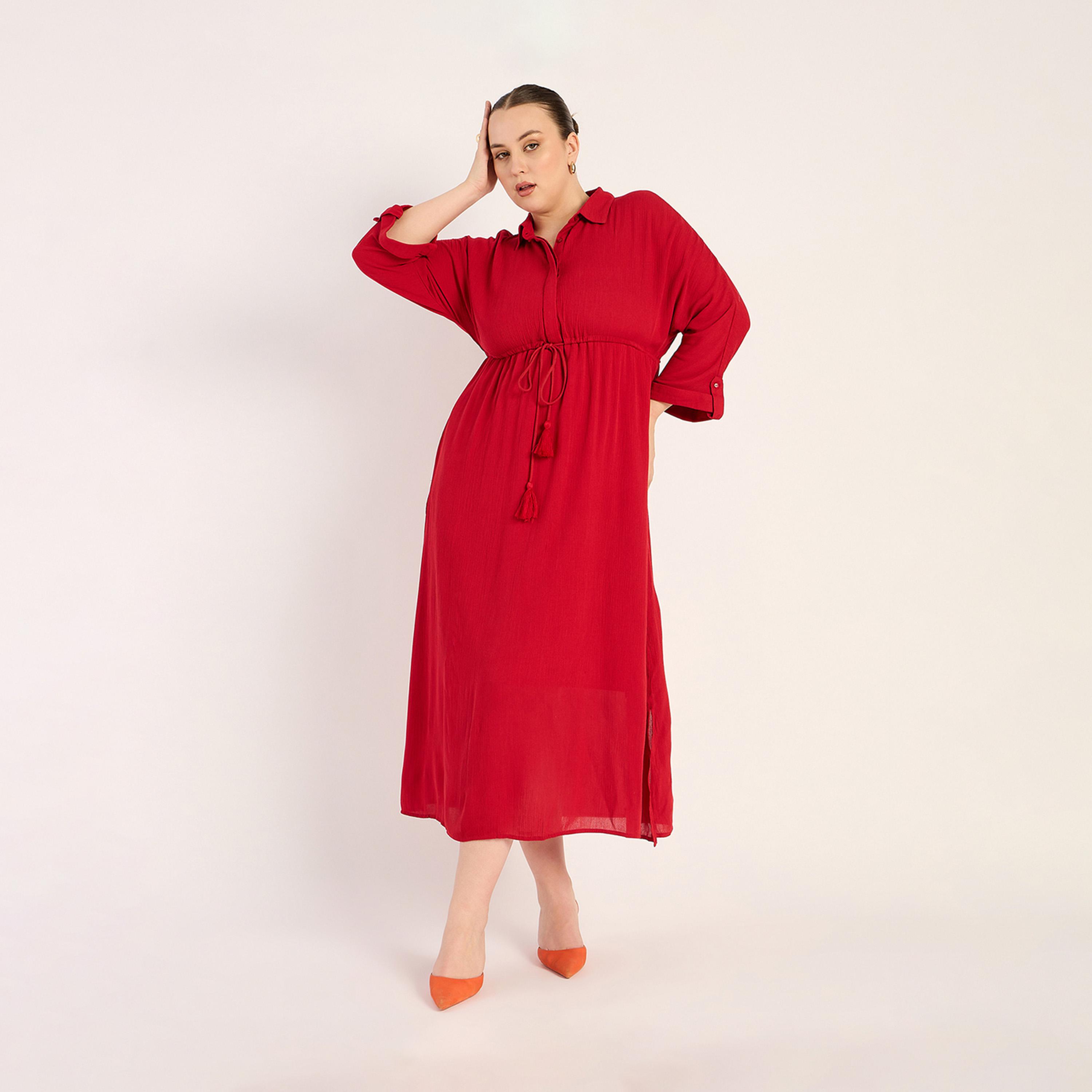 فيميلا × ستايلي - فستان متوسط الطول بتصميم قميص مع شق جانبي-women-clothing-dresses-image-1