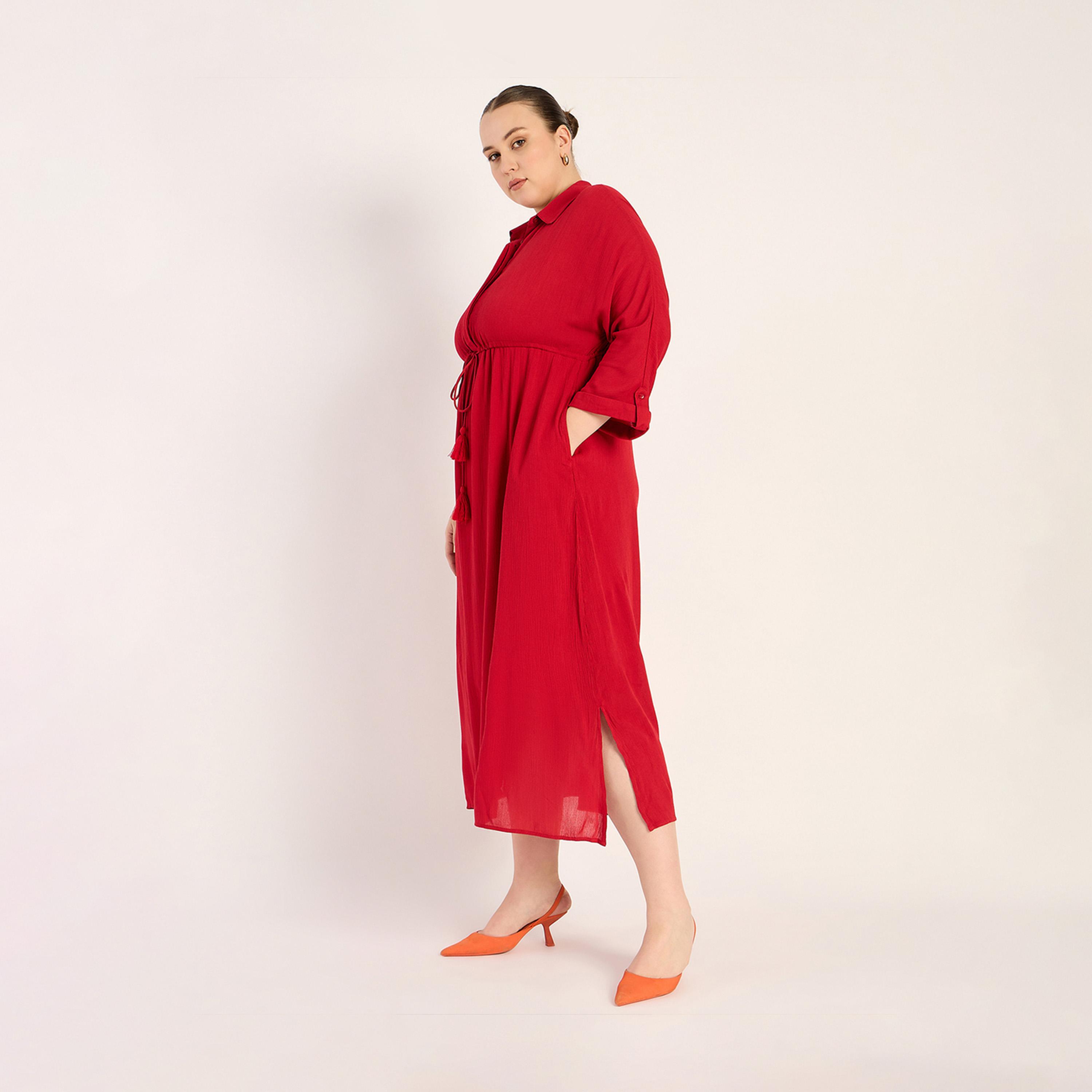 فيميلا × ستايلي - فستان متوسط الطول بتصميم قميص مع شق جانبي-women-clothing-dresses-image-3