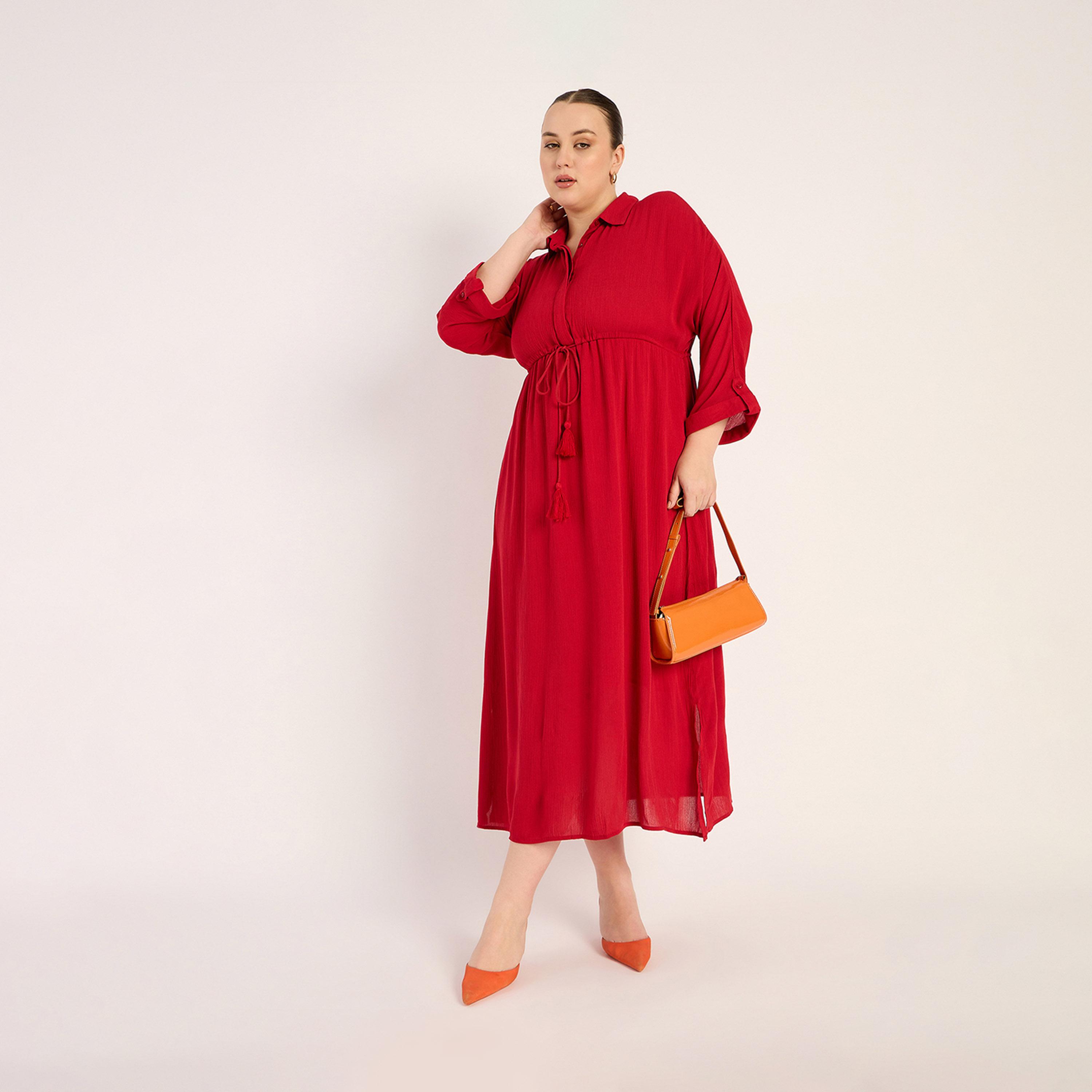 فيميلا × ستايلي - فستان متوسط الطول بتصميم قميص مع شق جانبي-women-clothing-dresses-image-5